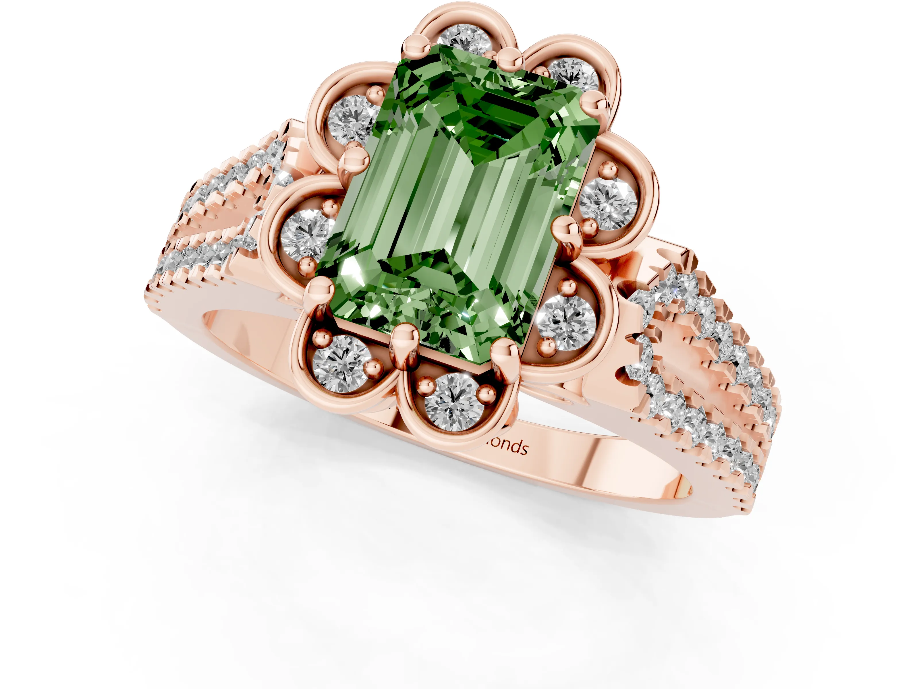 Fancy Green Emerald Cut Diamond Floral Halo Split Shank Engagement Ring Set in Rose gold with Pavé Shank