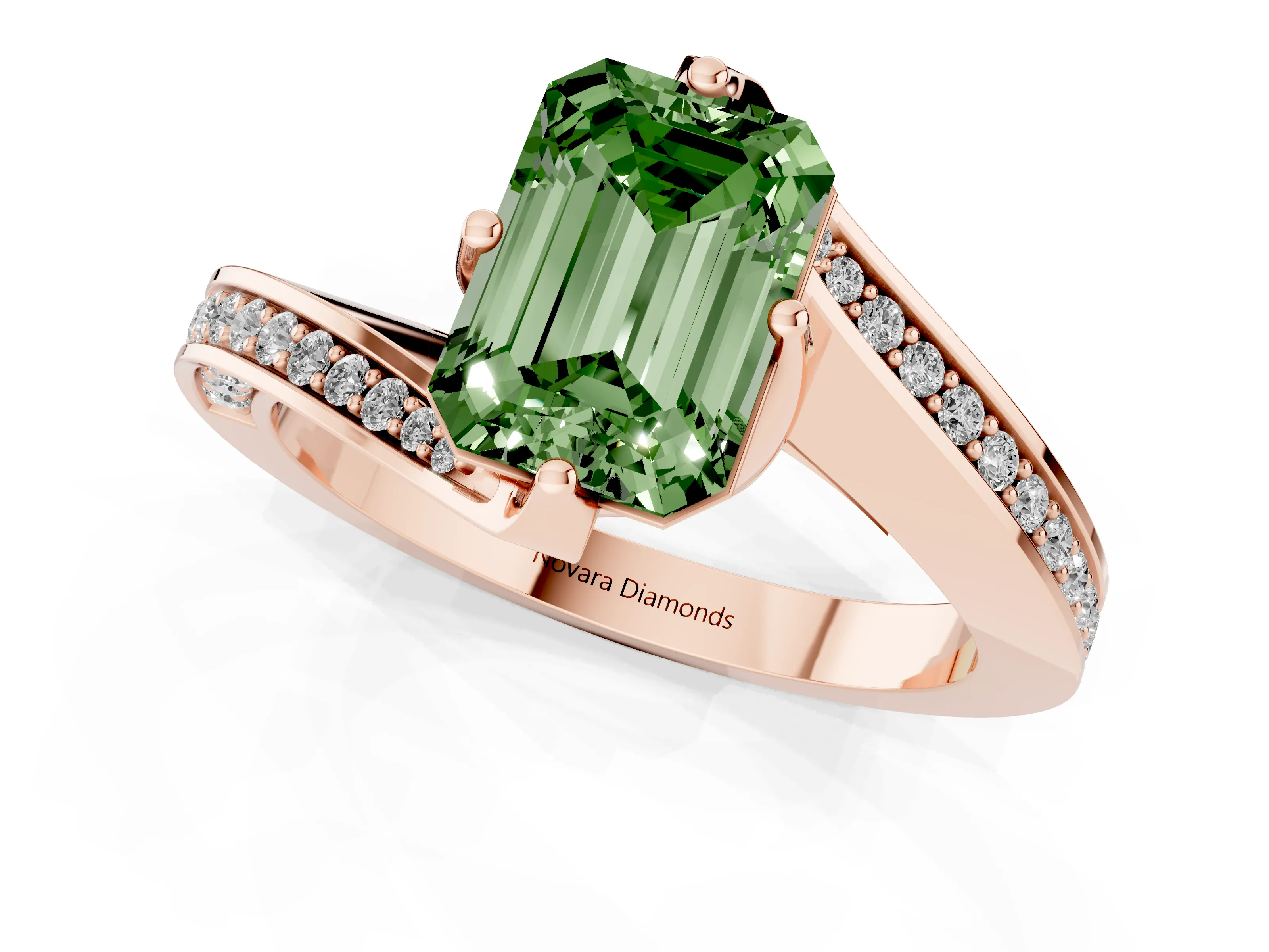 Fancy Green Emerald Cut Diamond Solitaire Ring Set in Rose gold with Intertwined Pavé Twist Band