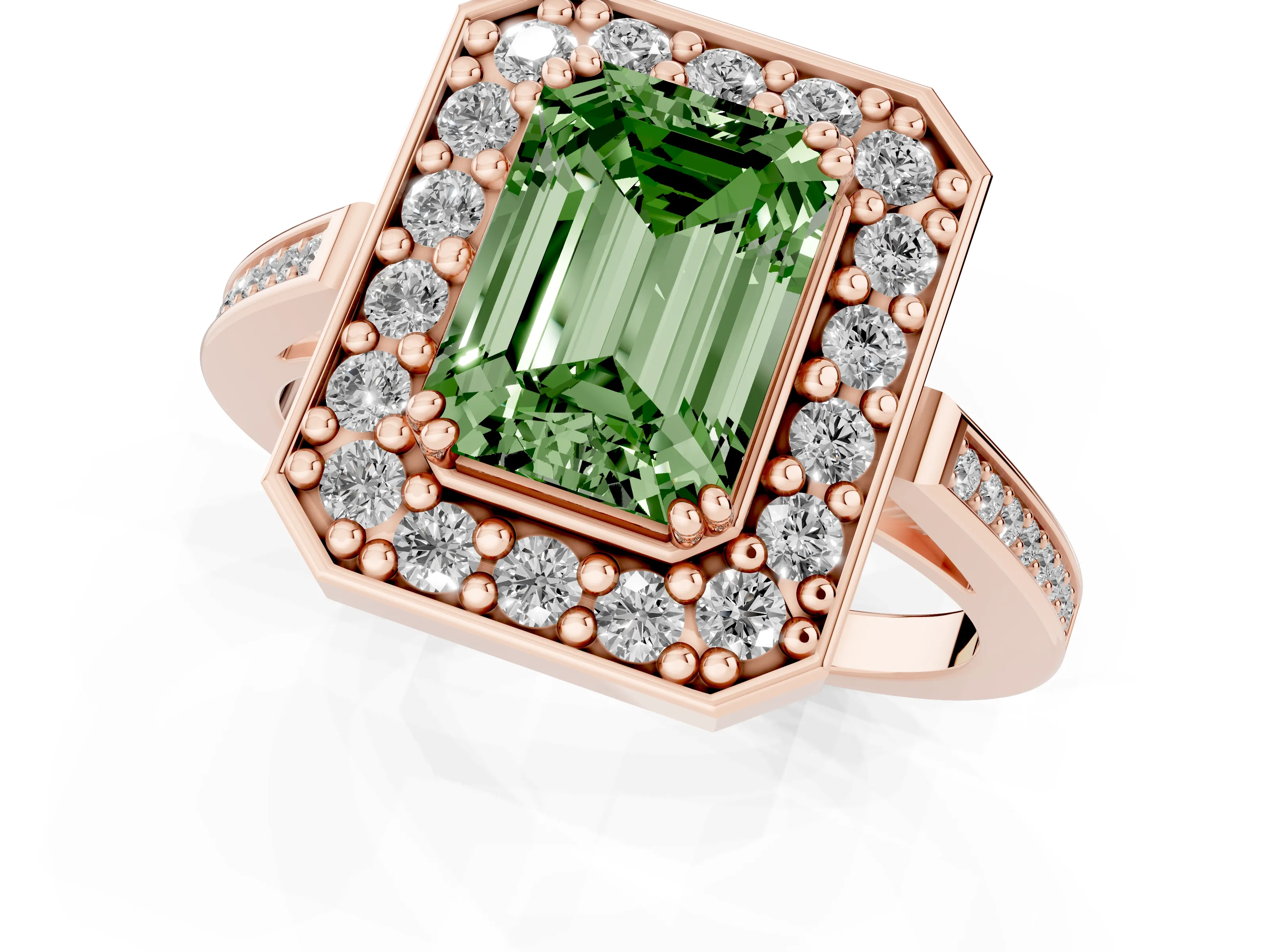Fancy Green Emerald Cut Diamond Halo Ring Set in Rose gold with Accent-Lined Split Shank and Prong Setting