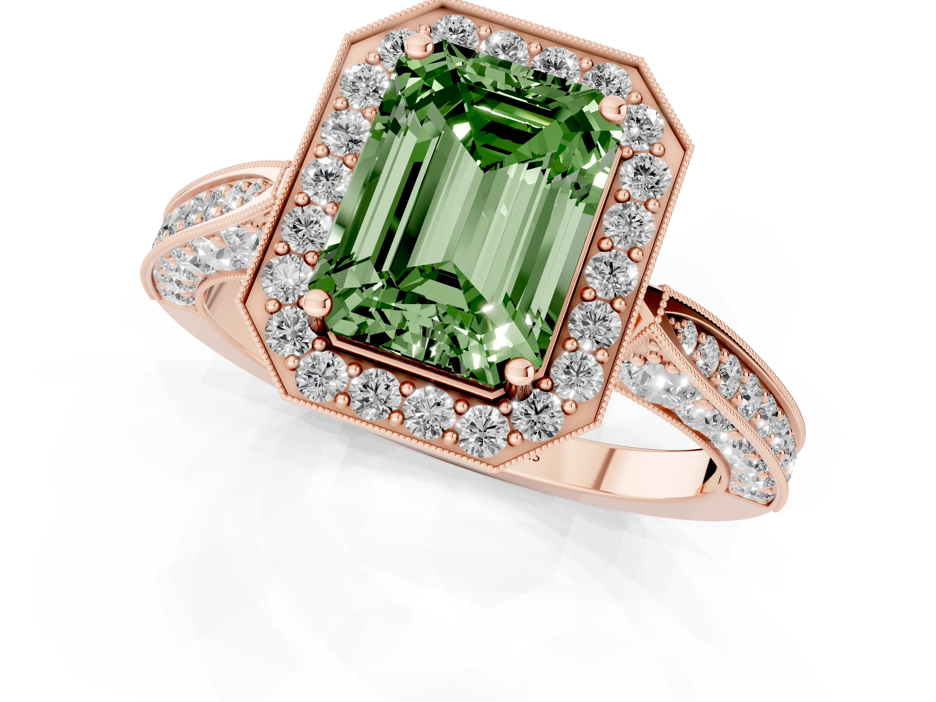 Fancy Green Emerald Cut Diamond Halo Engagement Ring Set in Rose gold with Accent Split Shank Band