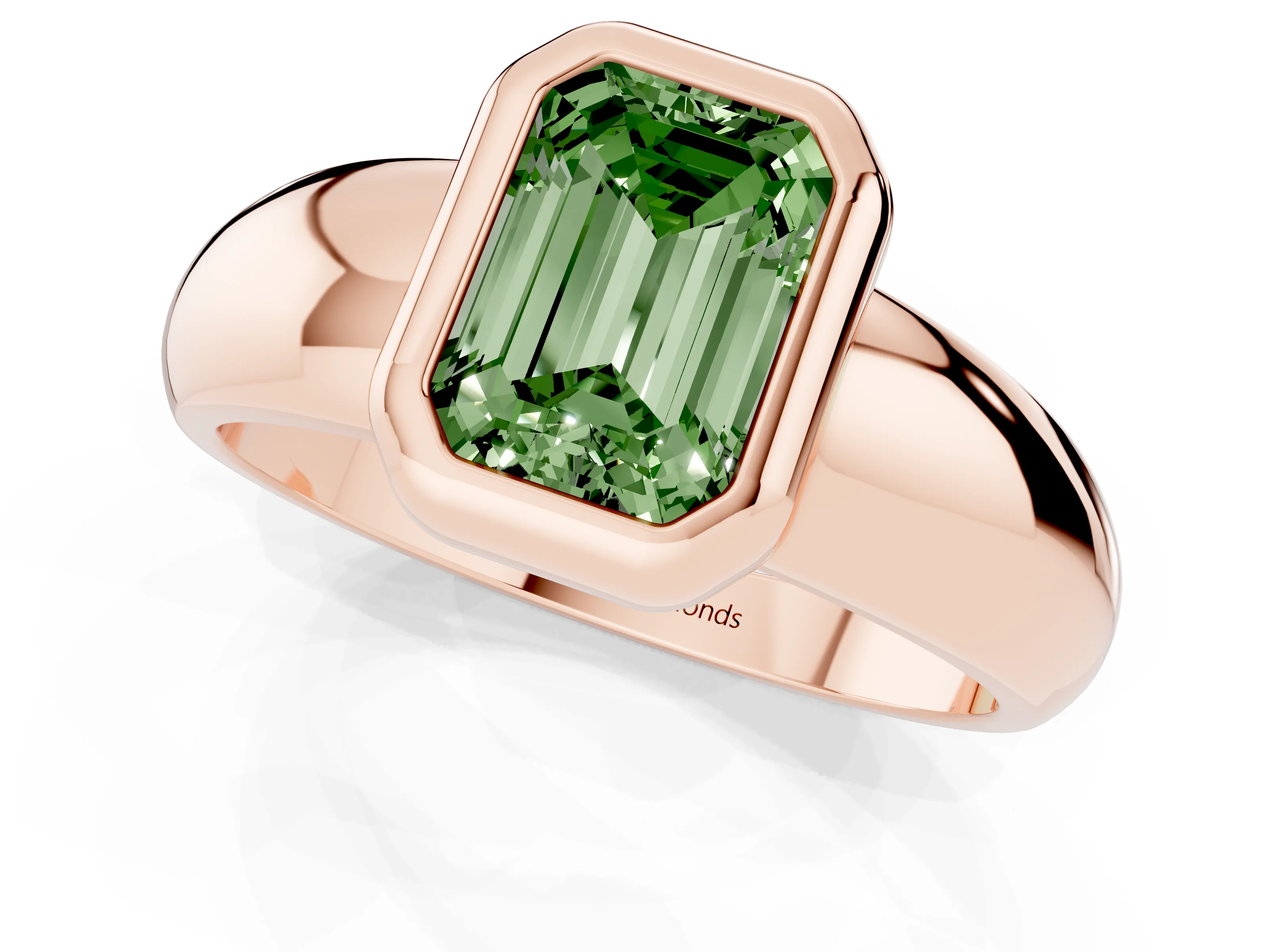 Fancy Green Bezel Set Emerald Cut Diamond Solitaire Ring Set in Rose gold with Wide Band