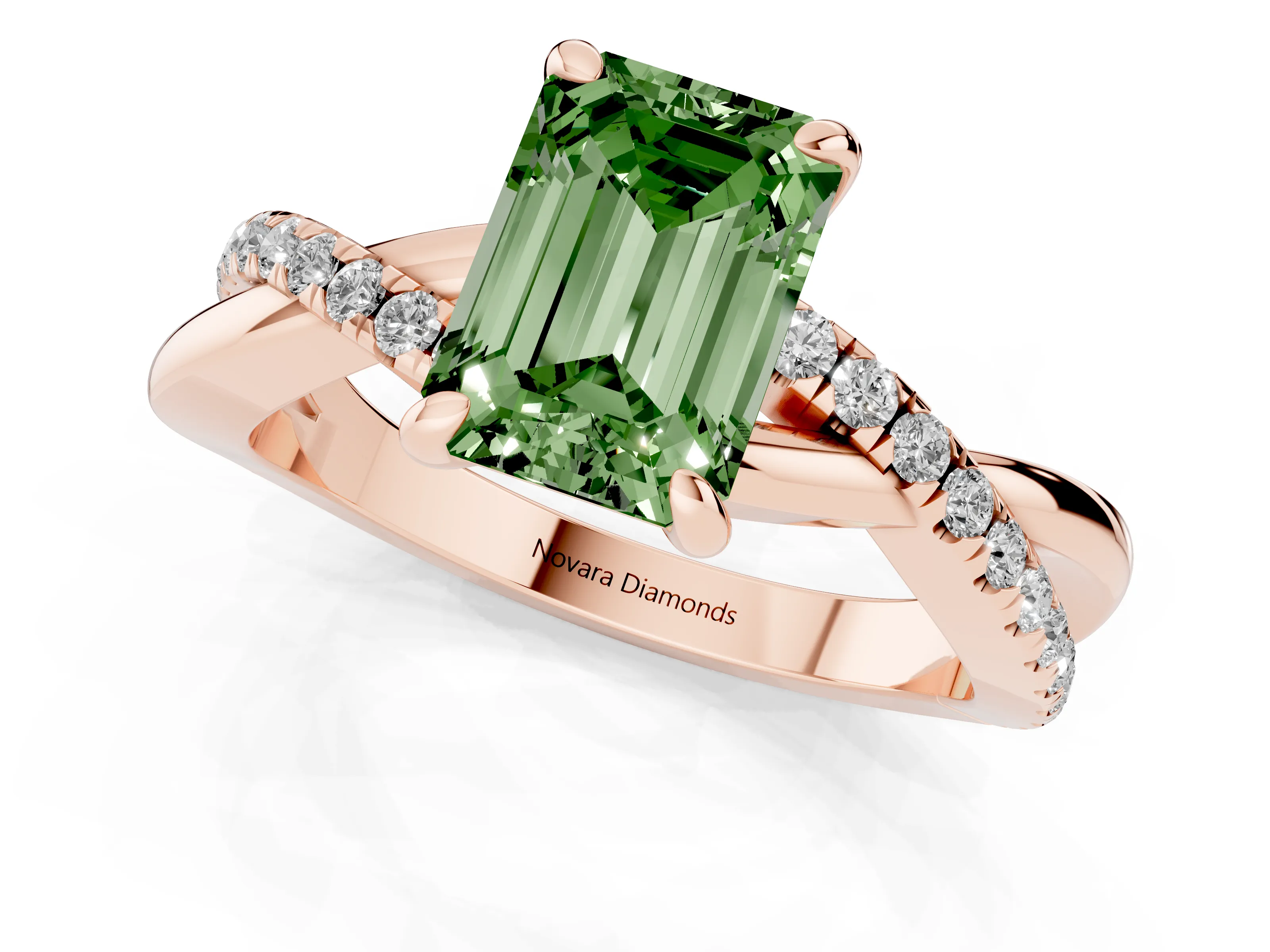 Fancy Green Emerald Cut Diamond Twist Band Solitaire Set in Rose gold with Pavé Accents and Prong Setting