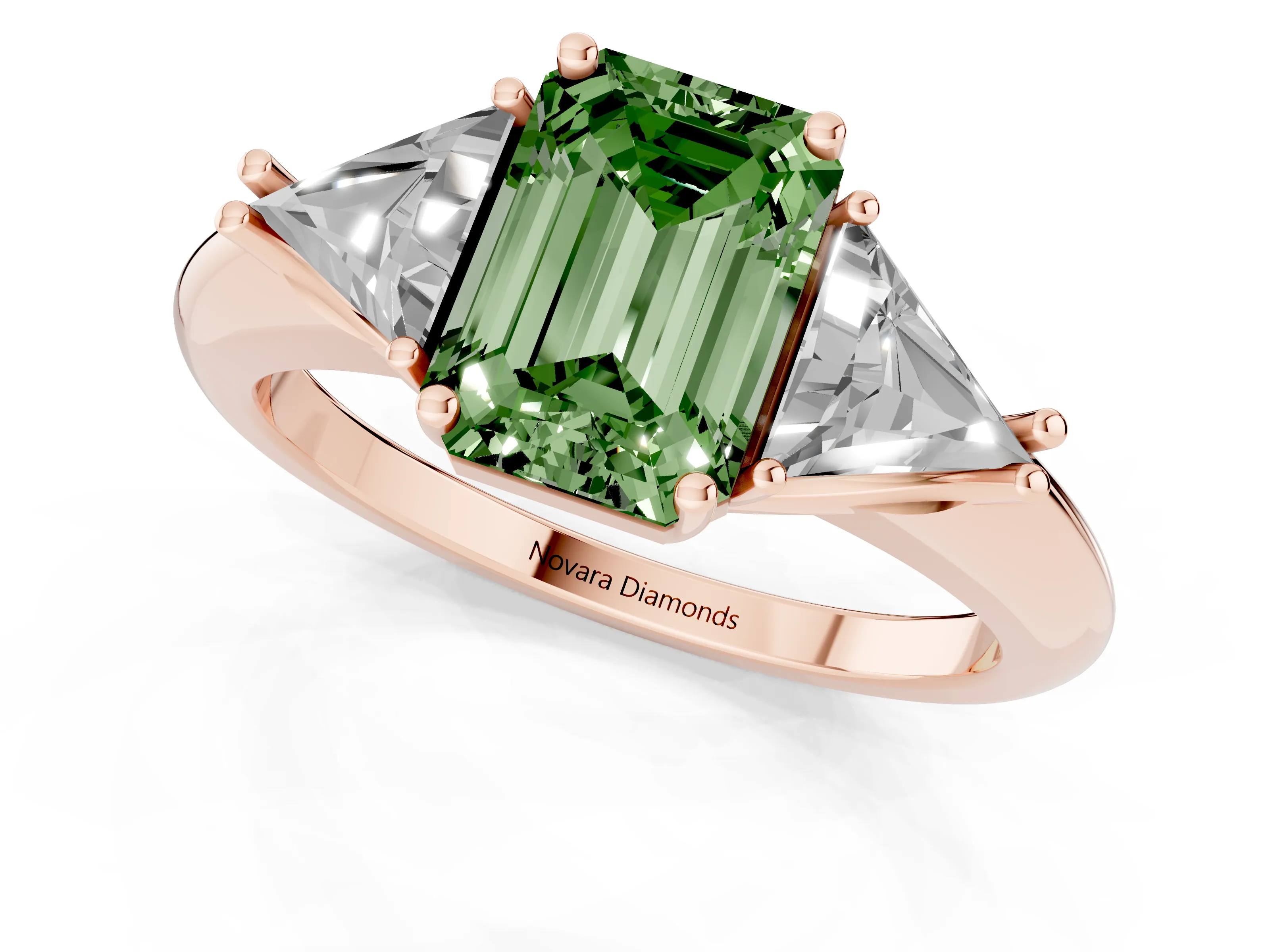 Fancy Green Emerald Cut Diamond Three-Stone Engagement Ring Set in Rose gold with Trillion Side Stones