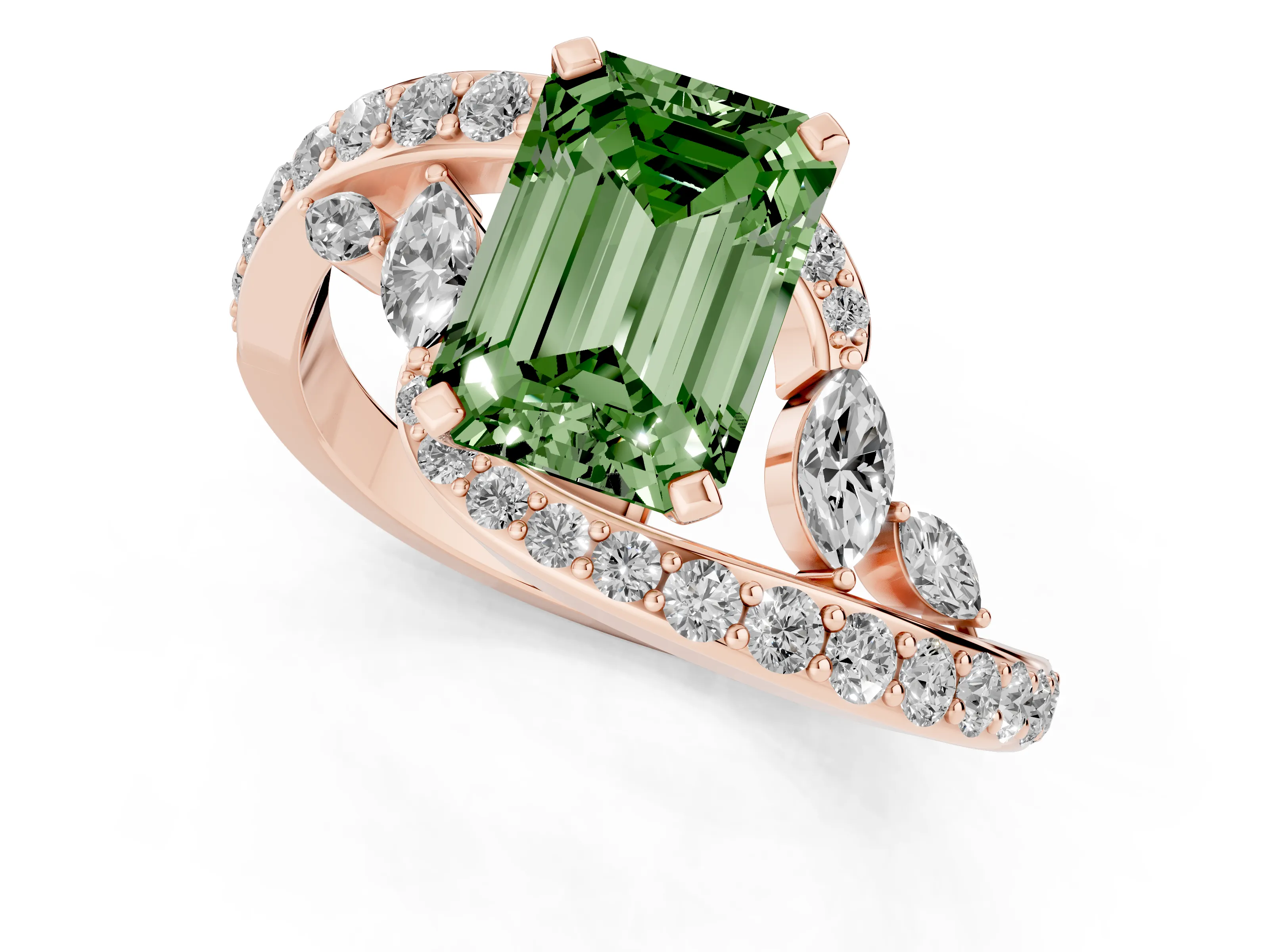 Fancy Green Emerald Cut Diamond Solitaire Ring Set in Rose gold with Pavé Twist Band and Secure Prong Setting