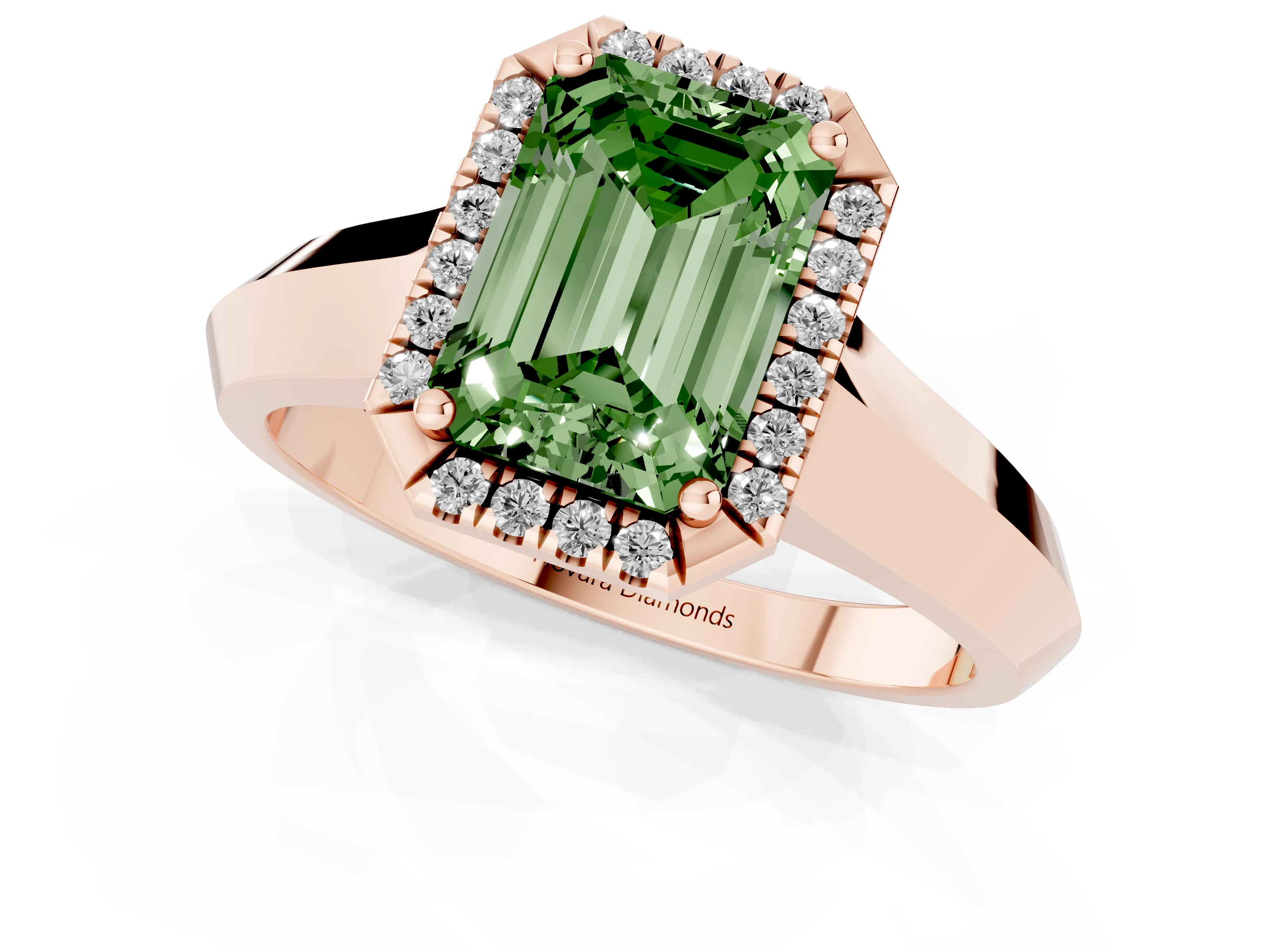Fancy Green Emerald Cut Diamond Halo Ring Set in Rose gold with Cathedral Band and Prong Setting
