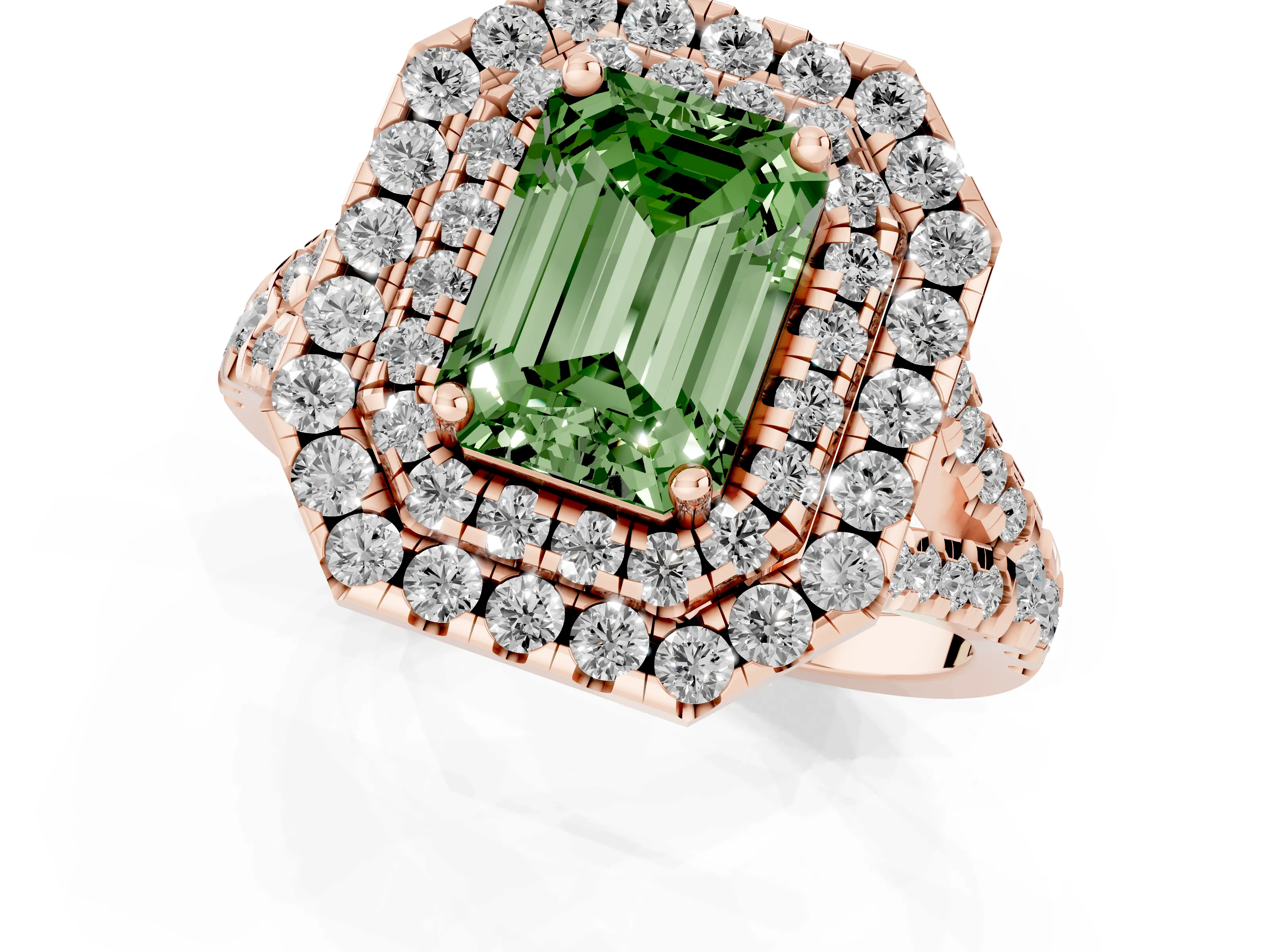 Fancy Green Emerald Cut Diamond Double Halo Ring Set in Rose gold with Pavé Split Shank and Prong Setting