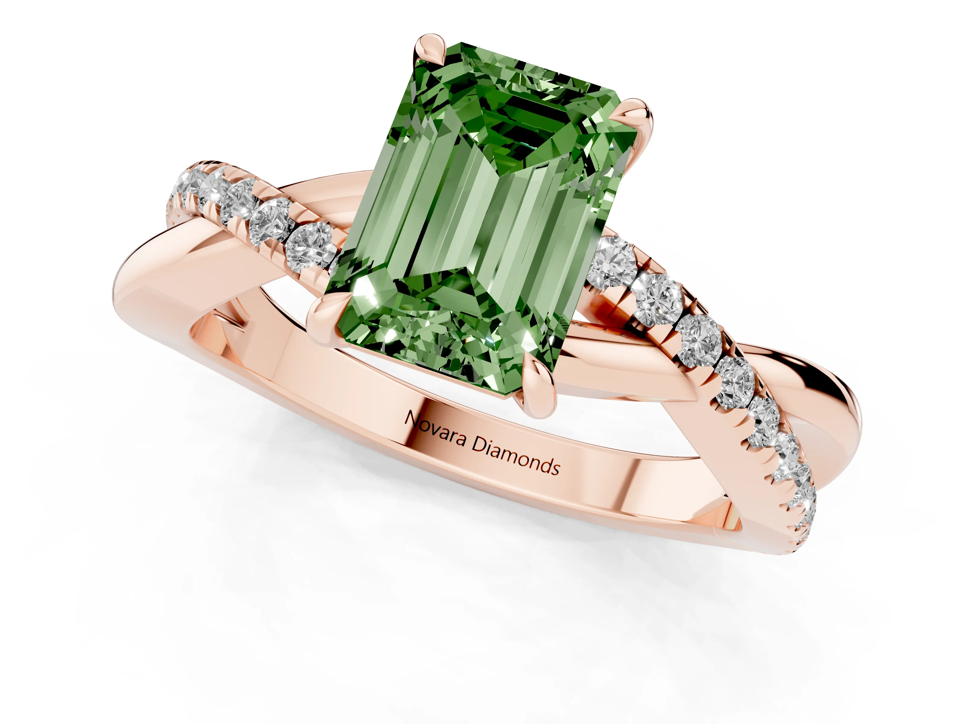 Fancy Green Emerald Cut Diamond Twisted Pavé Band Ring Set in Rose gold with Prong Setting