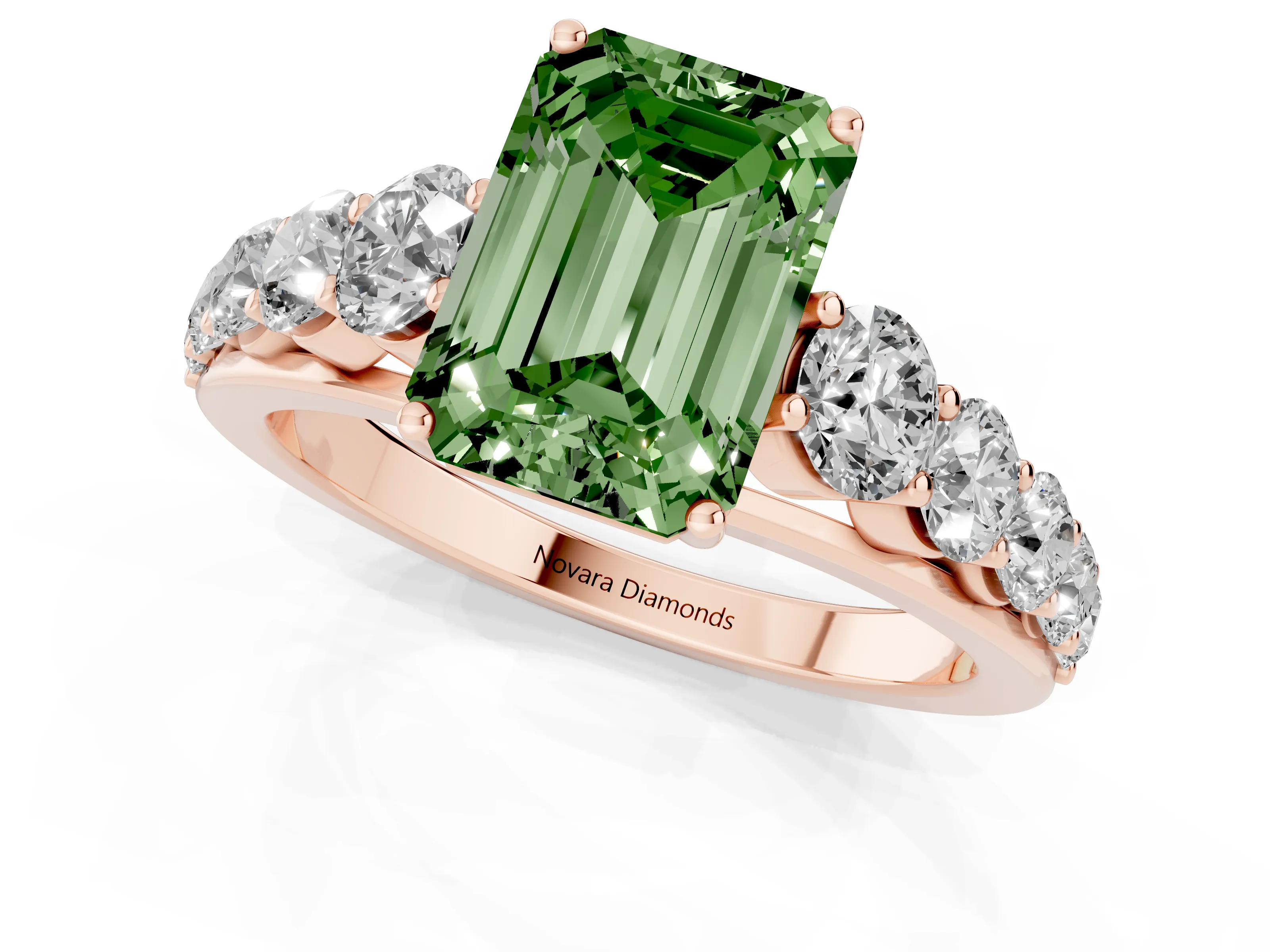Fancy Green Emerald Cut Diamond Solitaire Ring Set in Rose gold with Pavé-Set Band and Prong Setting