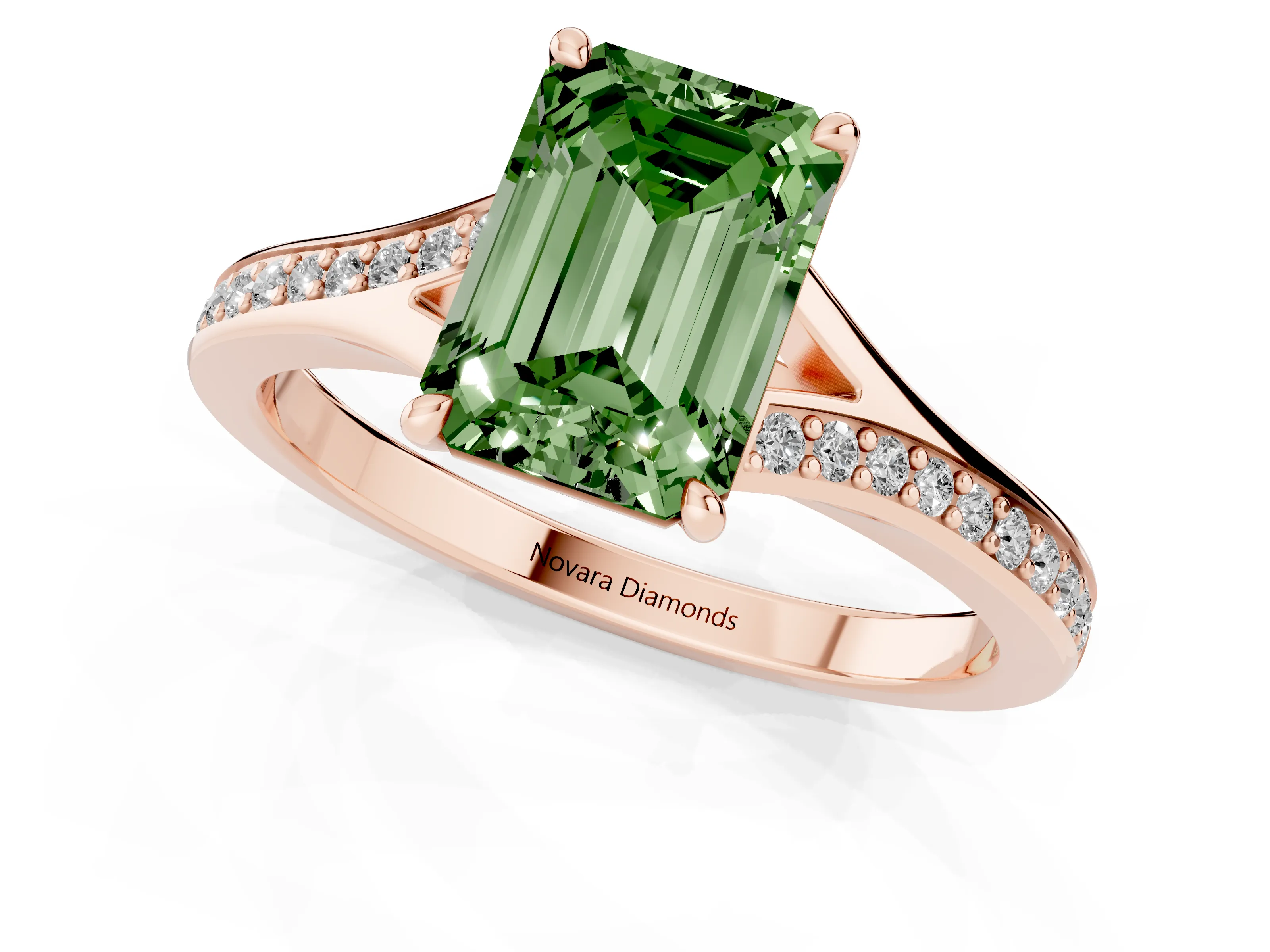 Fancy Green Emerald Cut Diamond Solitaire Ring Set in Rose gold with Pavé Accent Band and Classic Prong Setting