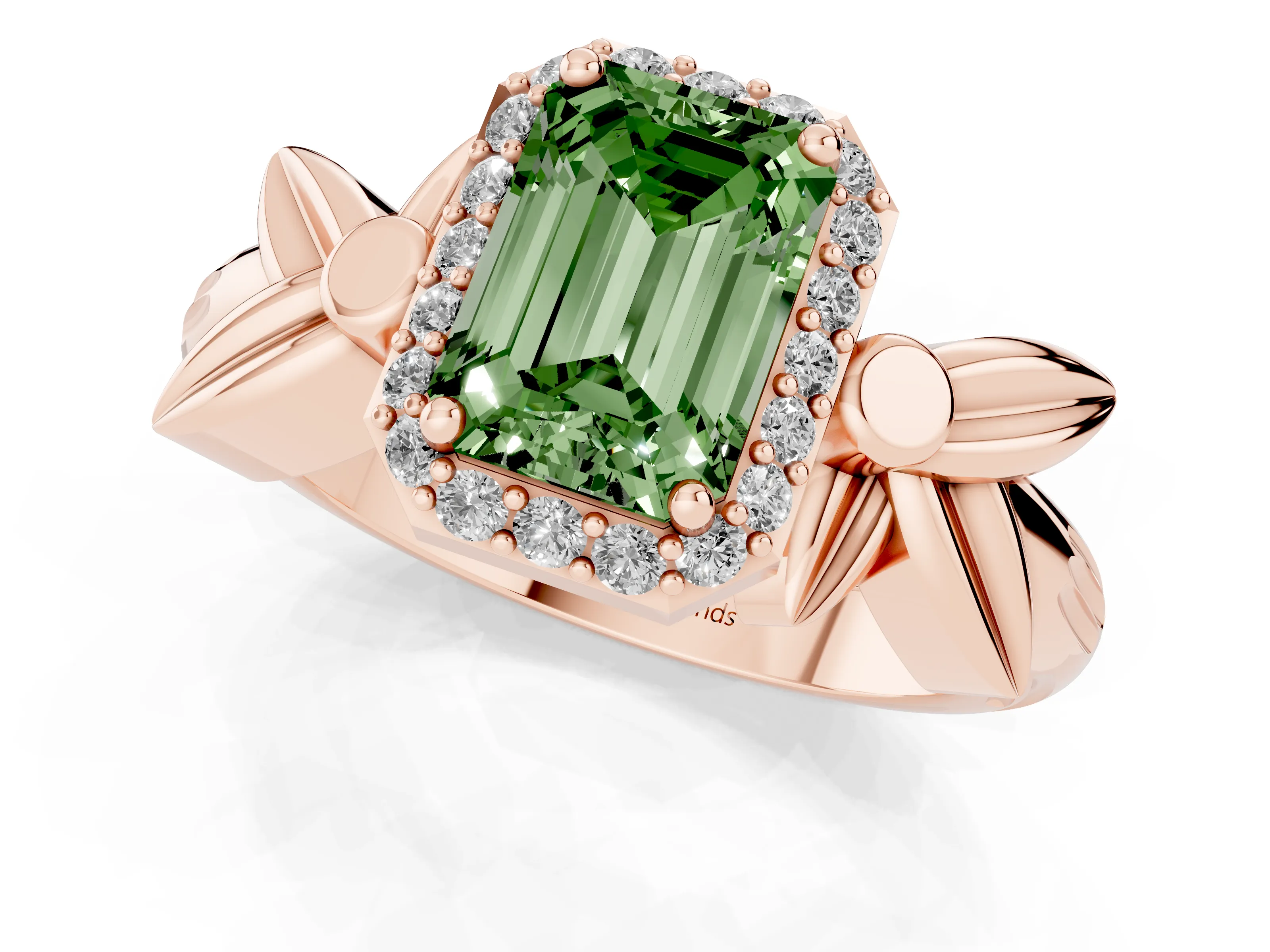 Fancy Green Emerald Cut Diamond Halo Floral Band Ring Set in Rose gold with Prong Setting
