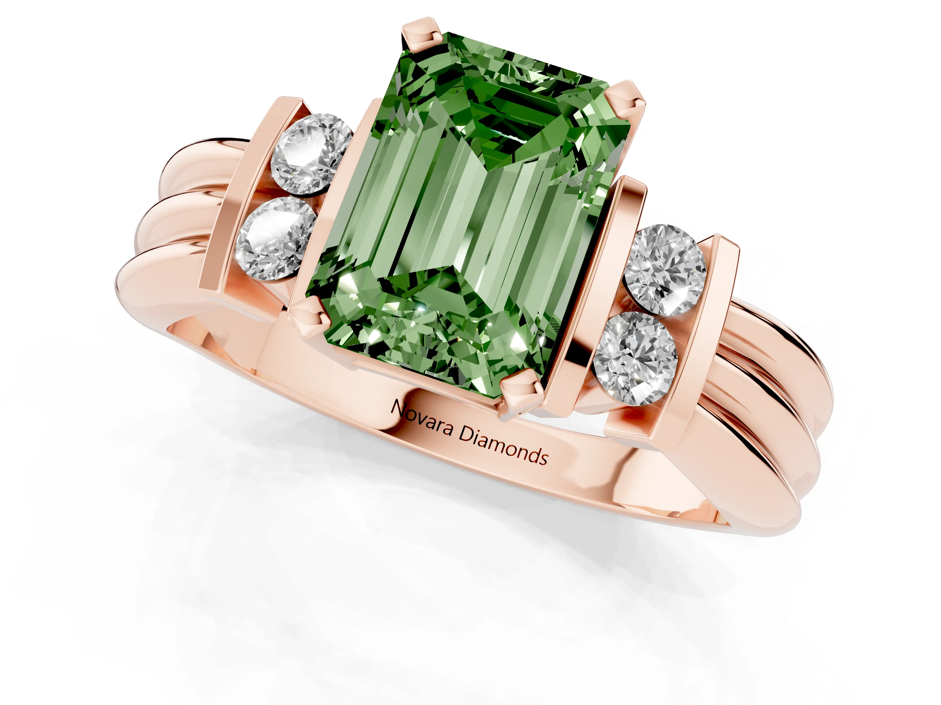 Fancy Green Three-Stone Emerald Cut Diamond Channel Set Ring Set in Rose gold with Bar Prongs