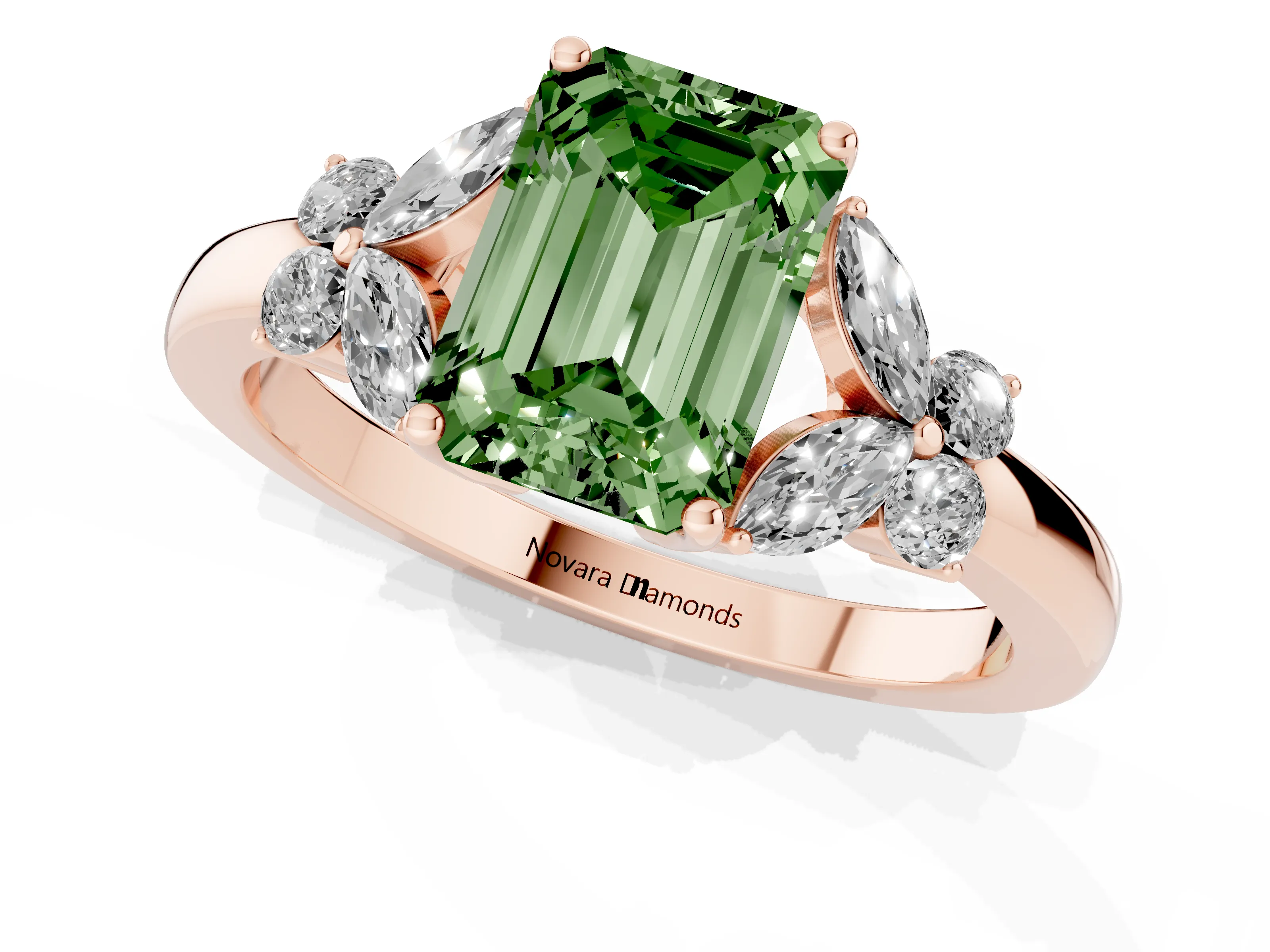 Fancy Green Emerald Cut Diamond Solitaire Floral Ring Set in Rose gold with Marquise Petals and Prong Setting