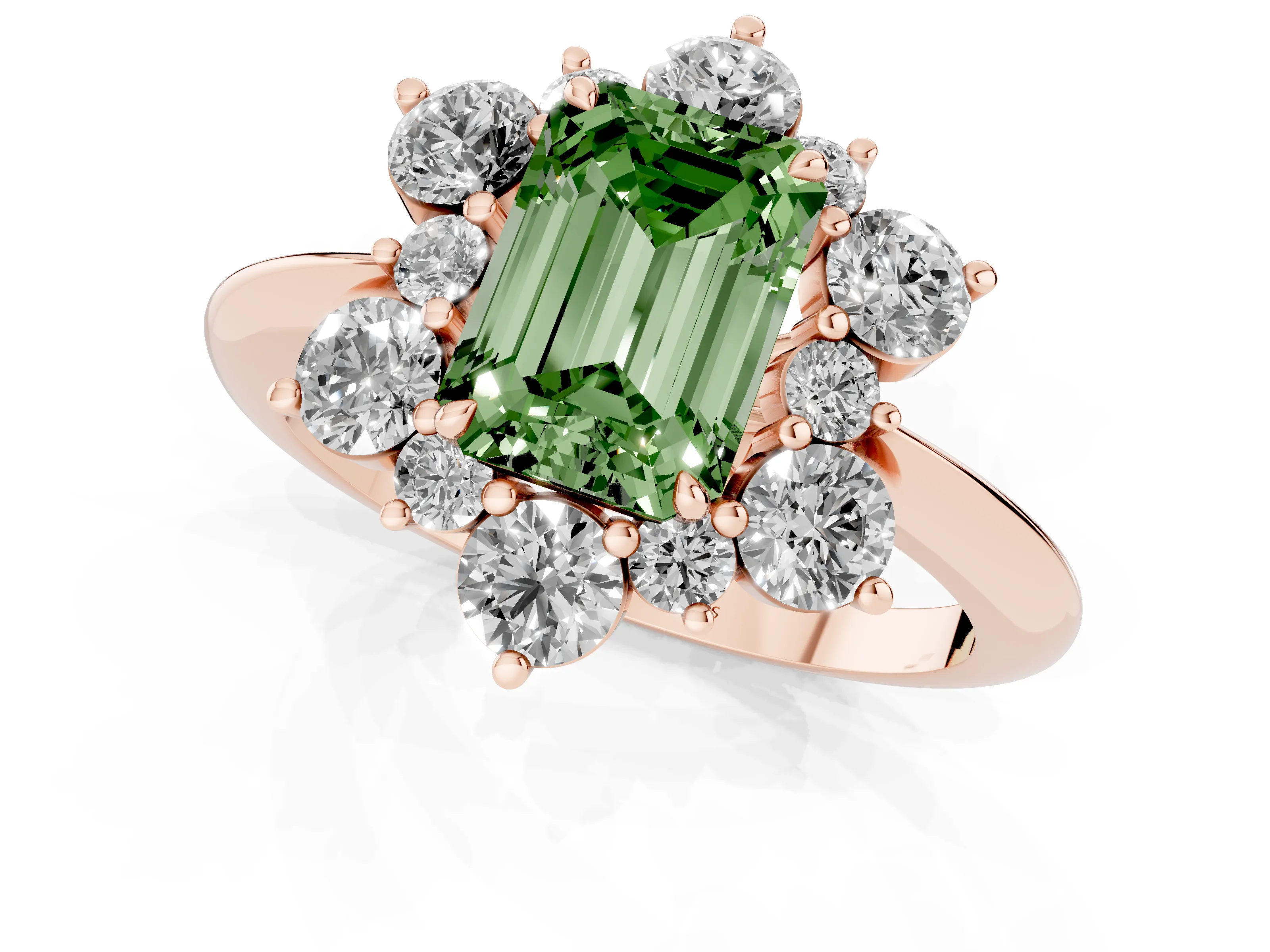 Fancy Green Emerald Cut Diamond Cluster Halo Ring Set in Rose gold with Solitaire Band and Prong Setting