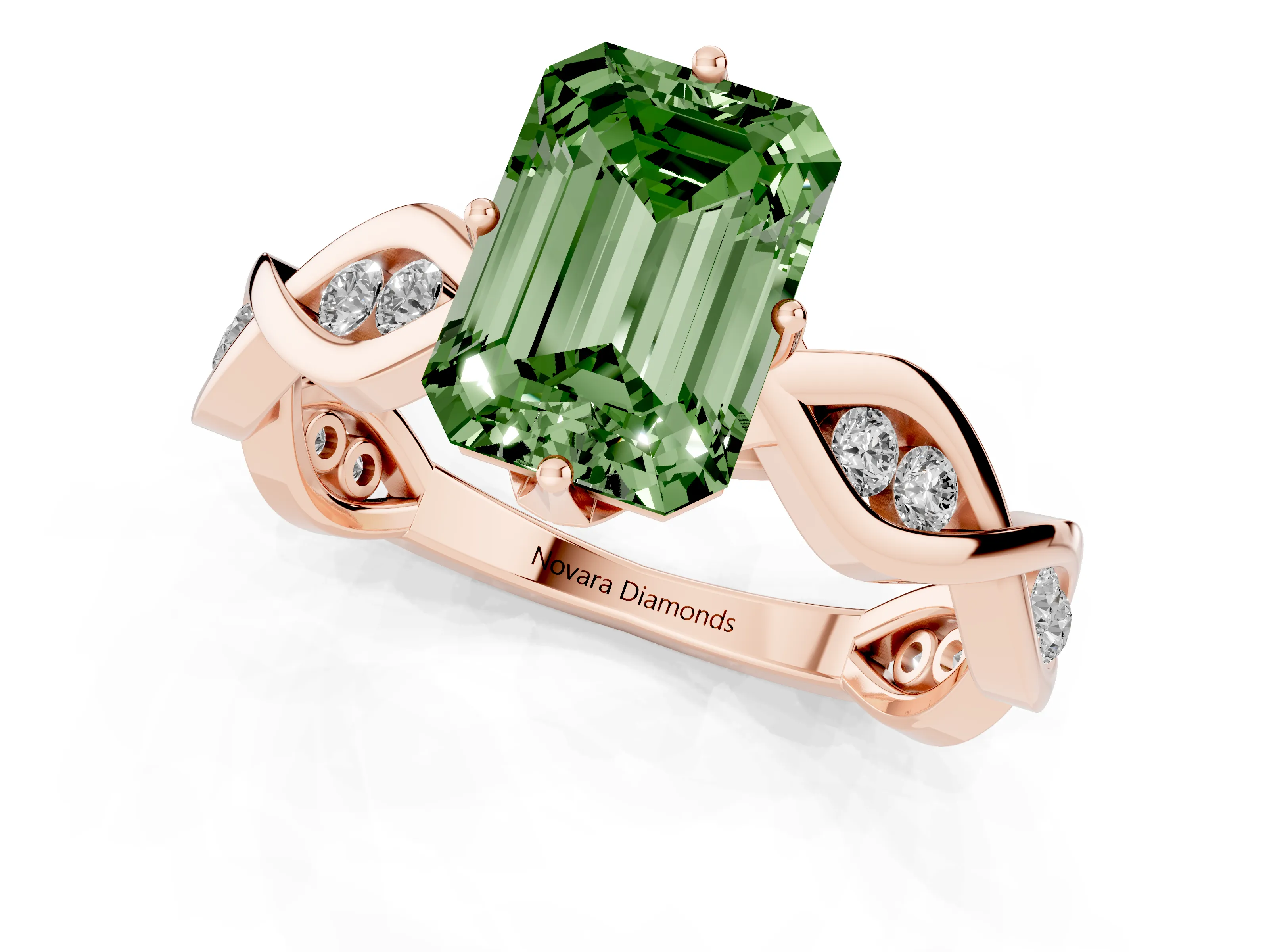 Fancy Green Emerald Cut Diamond Twist Band Solitaire Ring Set in Rose gold with Leaf Prong Setting and Accent Stones