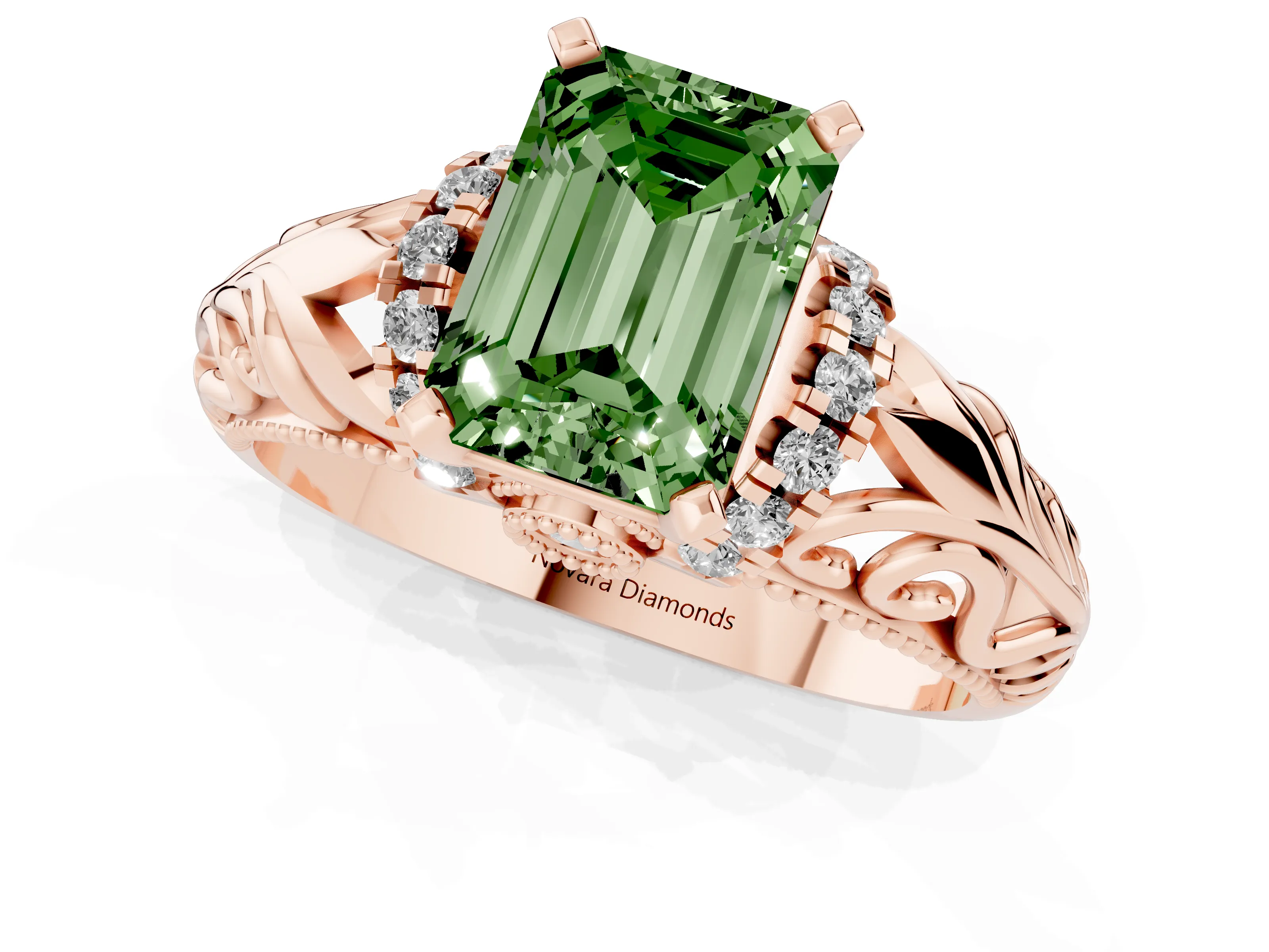 Fancy Green Emerald Cut Diamond Filigree Halo Engagement Ring Set in Rose gold with Prong Setting
