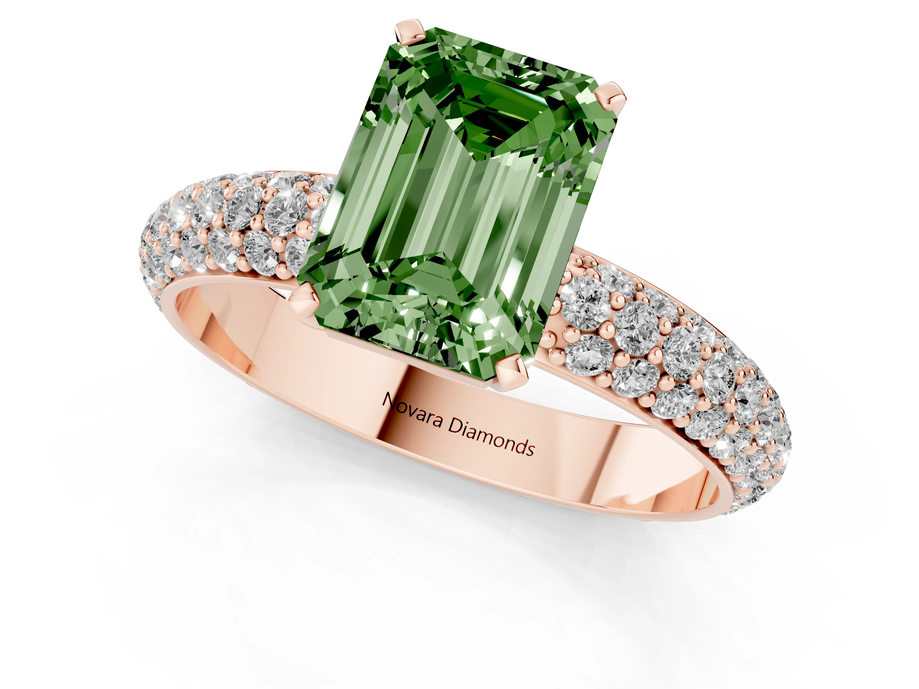 Fancy Green Emerald Cut Diamond Solitaire Ring Set in Rose gold with Prong Setting and Pavé-Set Band
