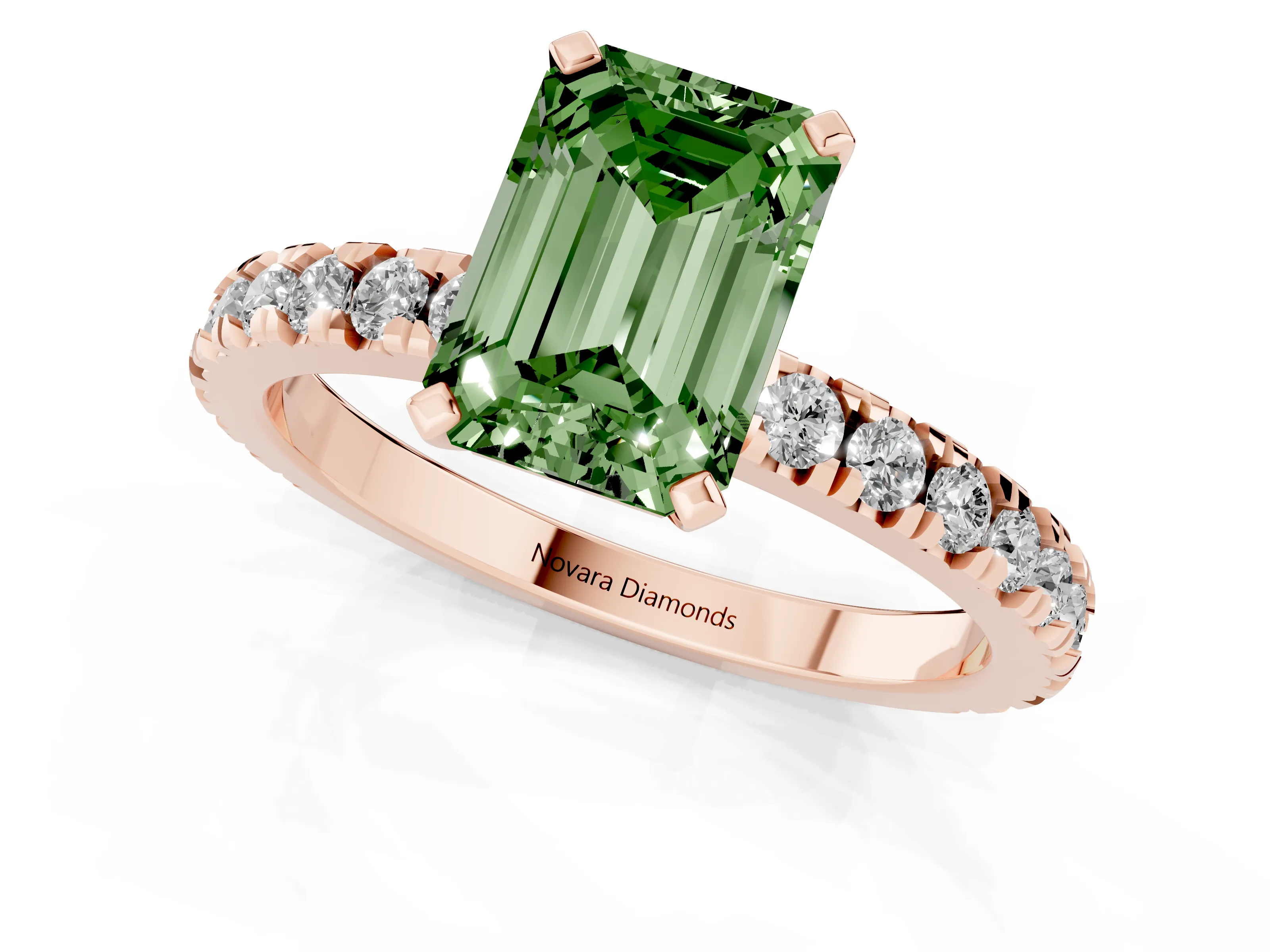Fancy Green Emerald Cut Diamond Pavé Band Solitaire Set in Rose gold with Prong Setting