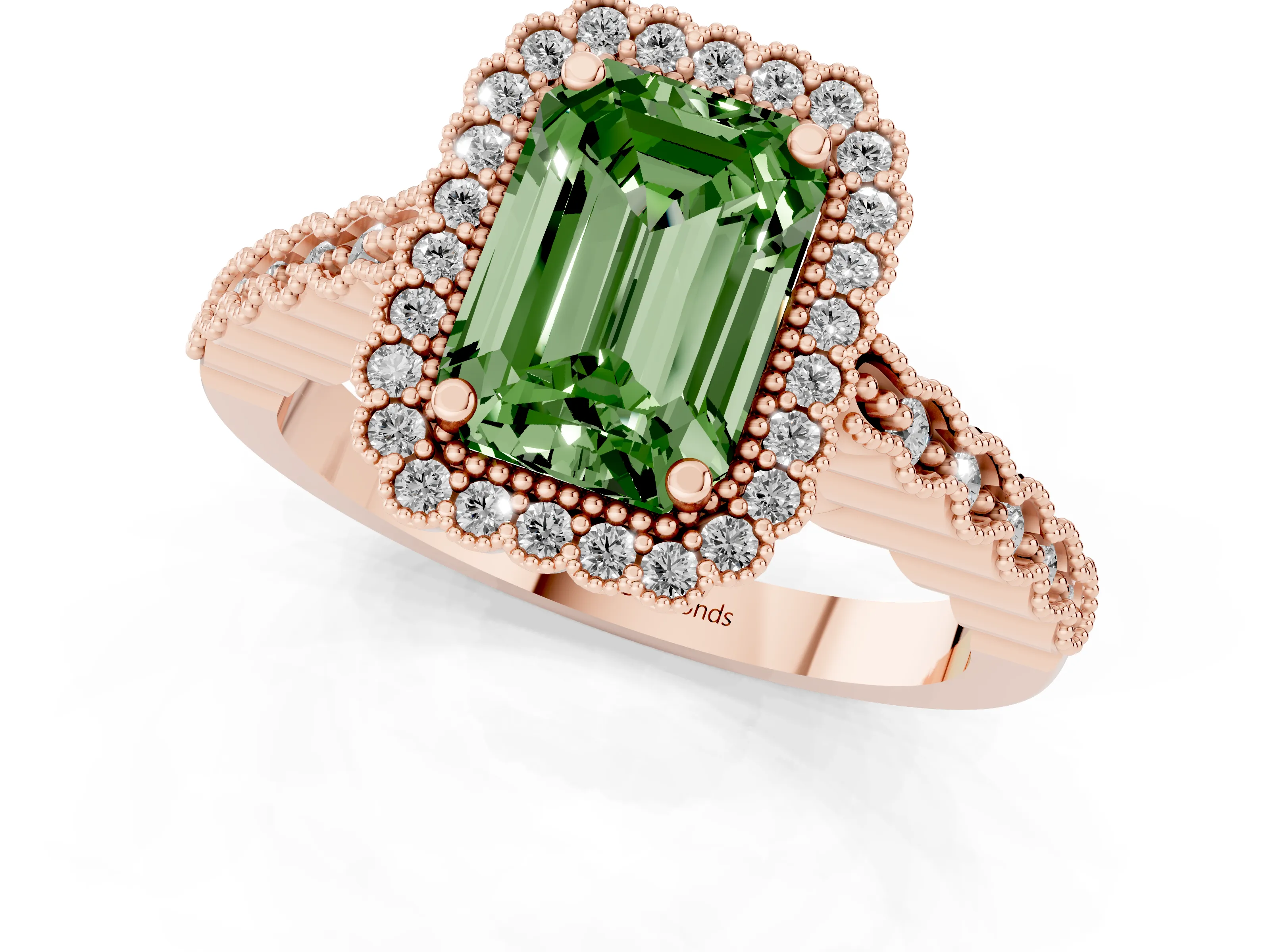 Fancy Green Emerald Cut Diamond Halo Ring Set in Rose gold with Pavé Milgrain Band
