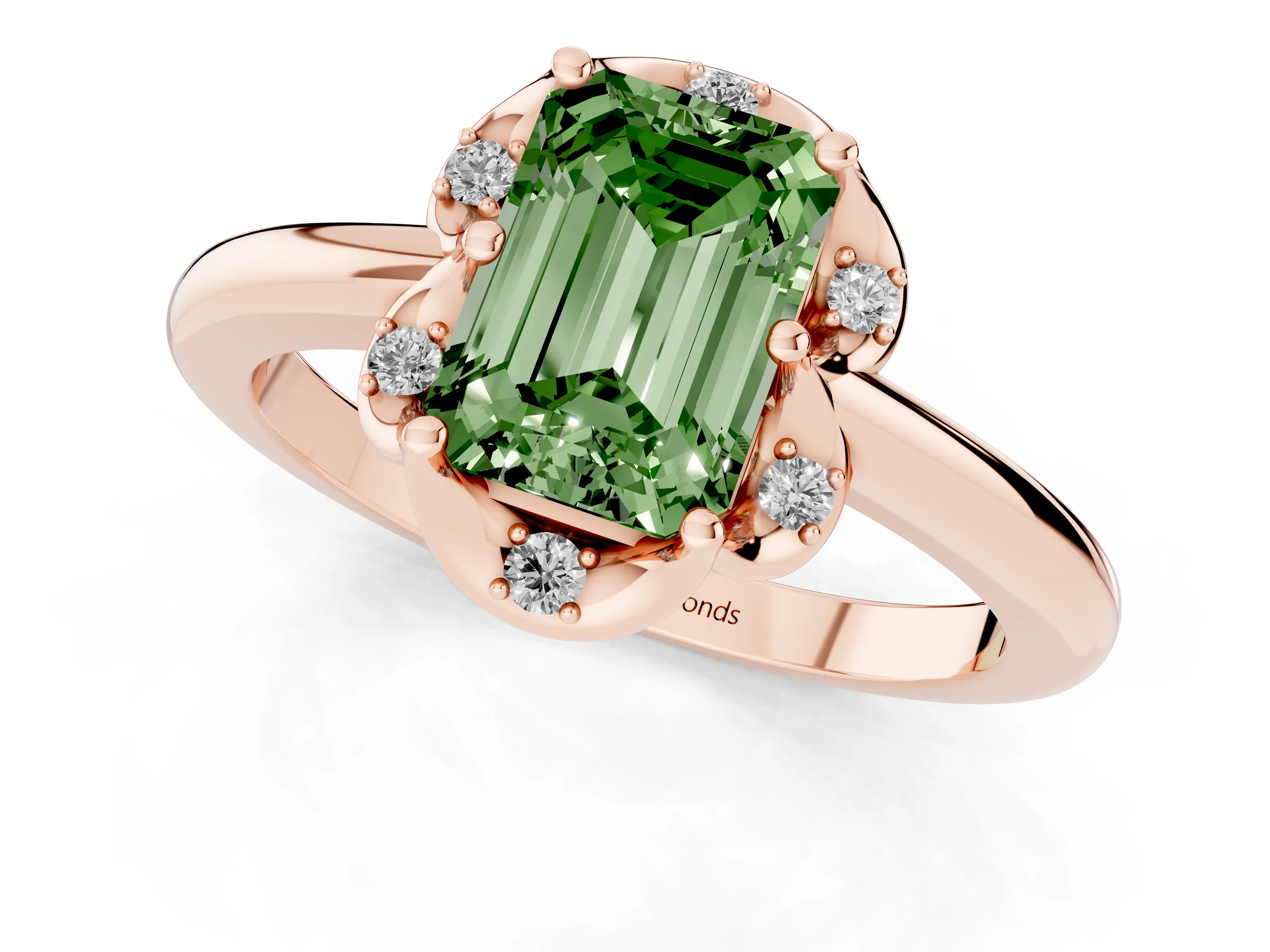 Fancy Green Emerald Cut Diamond Round Cluster Halo Ring Set in Rose gold with Solitaire Band and Prong Setting