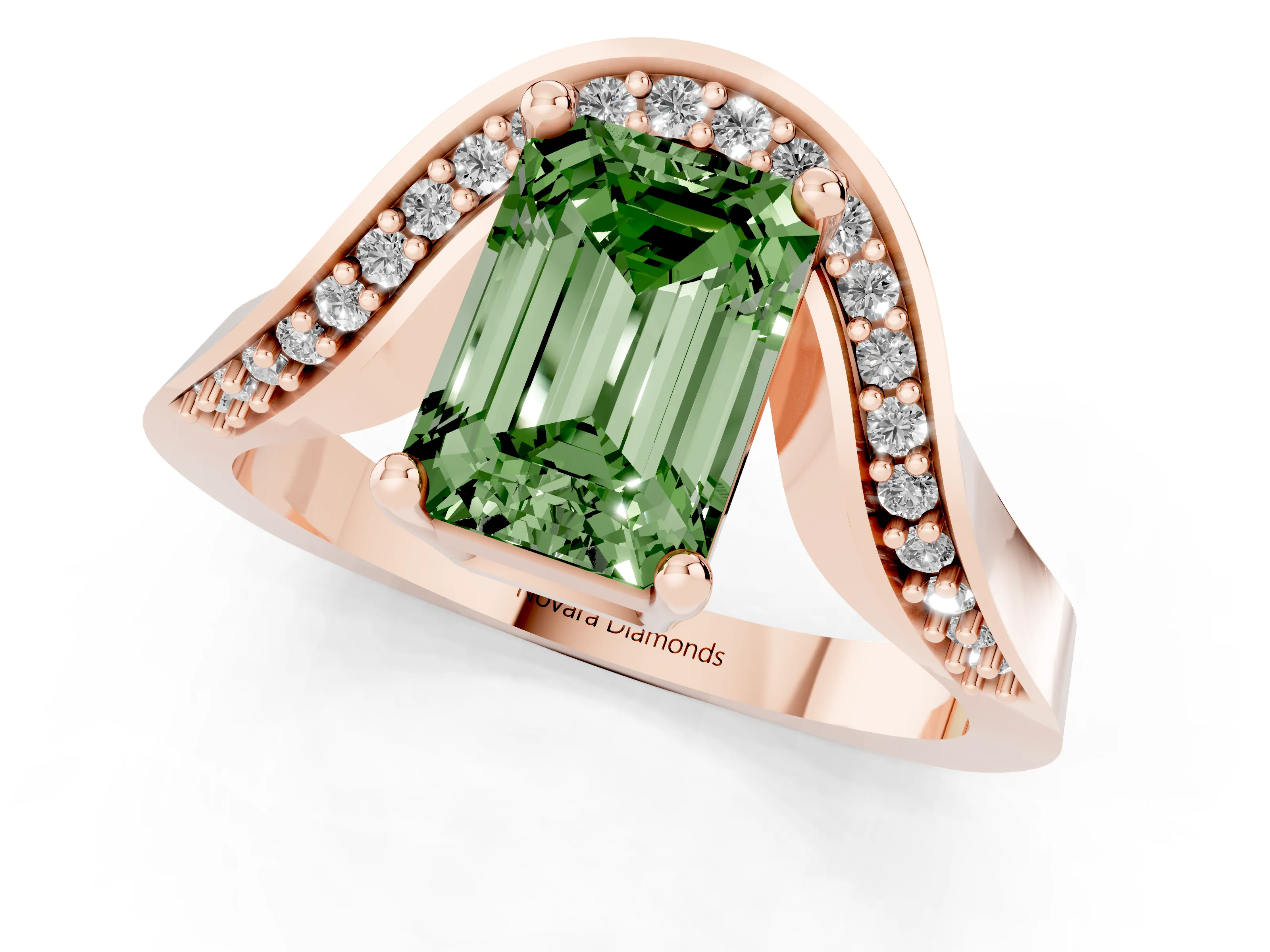 Fancy Green Emerald Cut Diamond Solitaire Engagement Ring Set in Rose gold with Pavé Shoulders