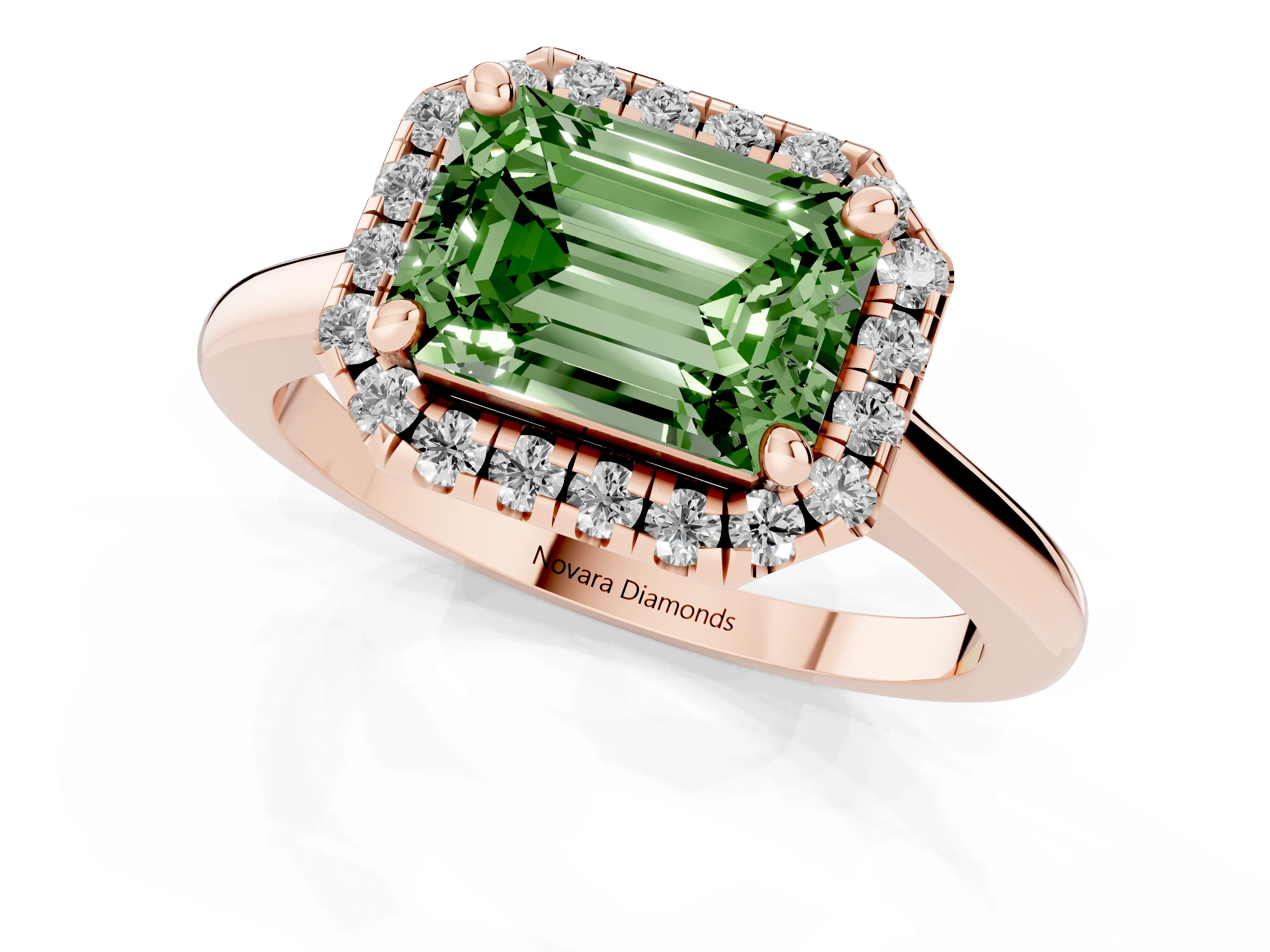 Fancy Green Emerald Cut Diamond Halo Engagement Ring Set in Rose gold with Pavé Band and Rising Shoulders