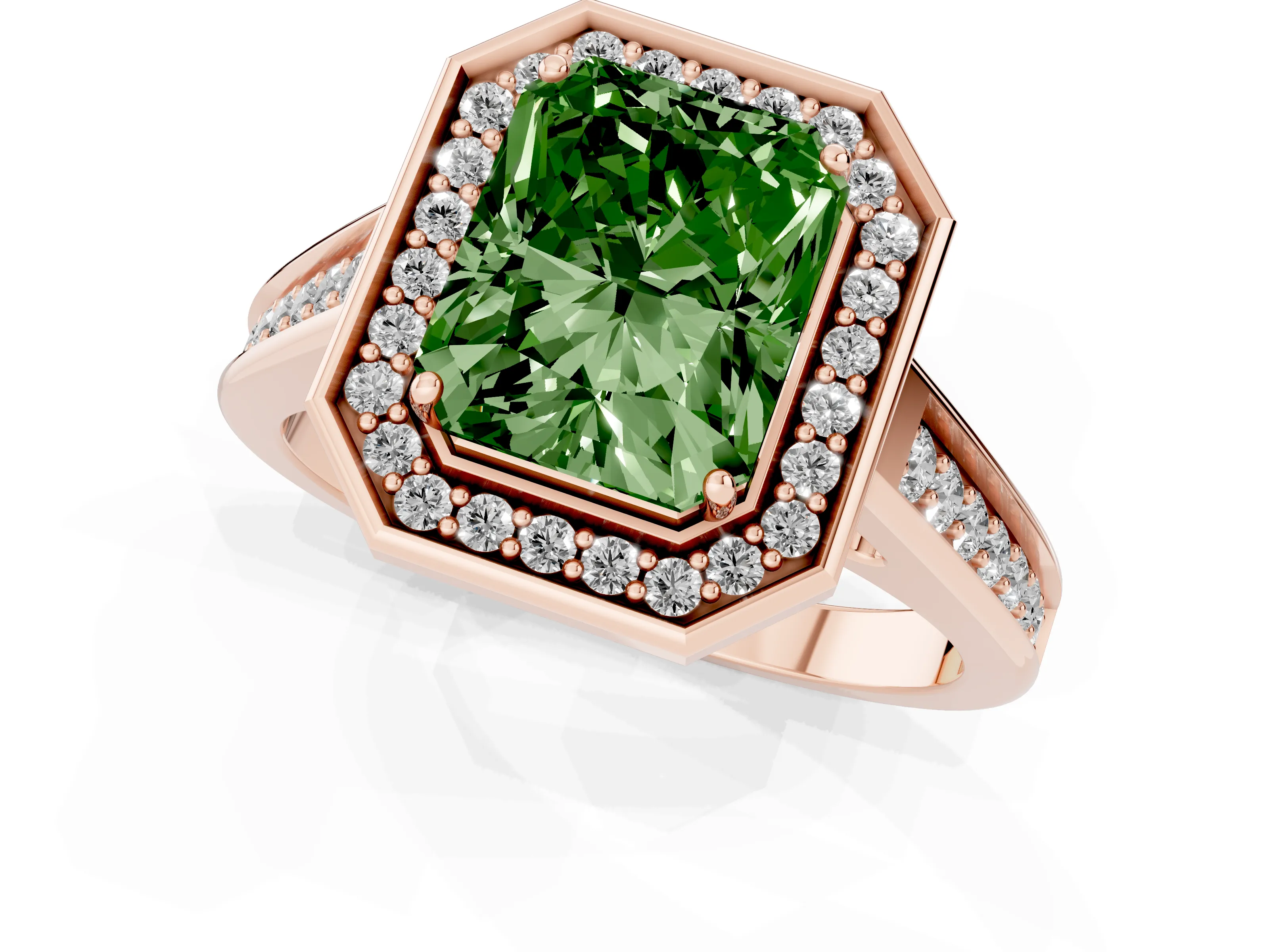 Fancy Green Emerald Cut Diamond Halo Solitaire Ring Set in Rose gold with Pavé Band and Bezel Setting