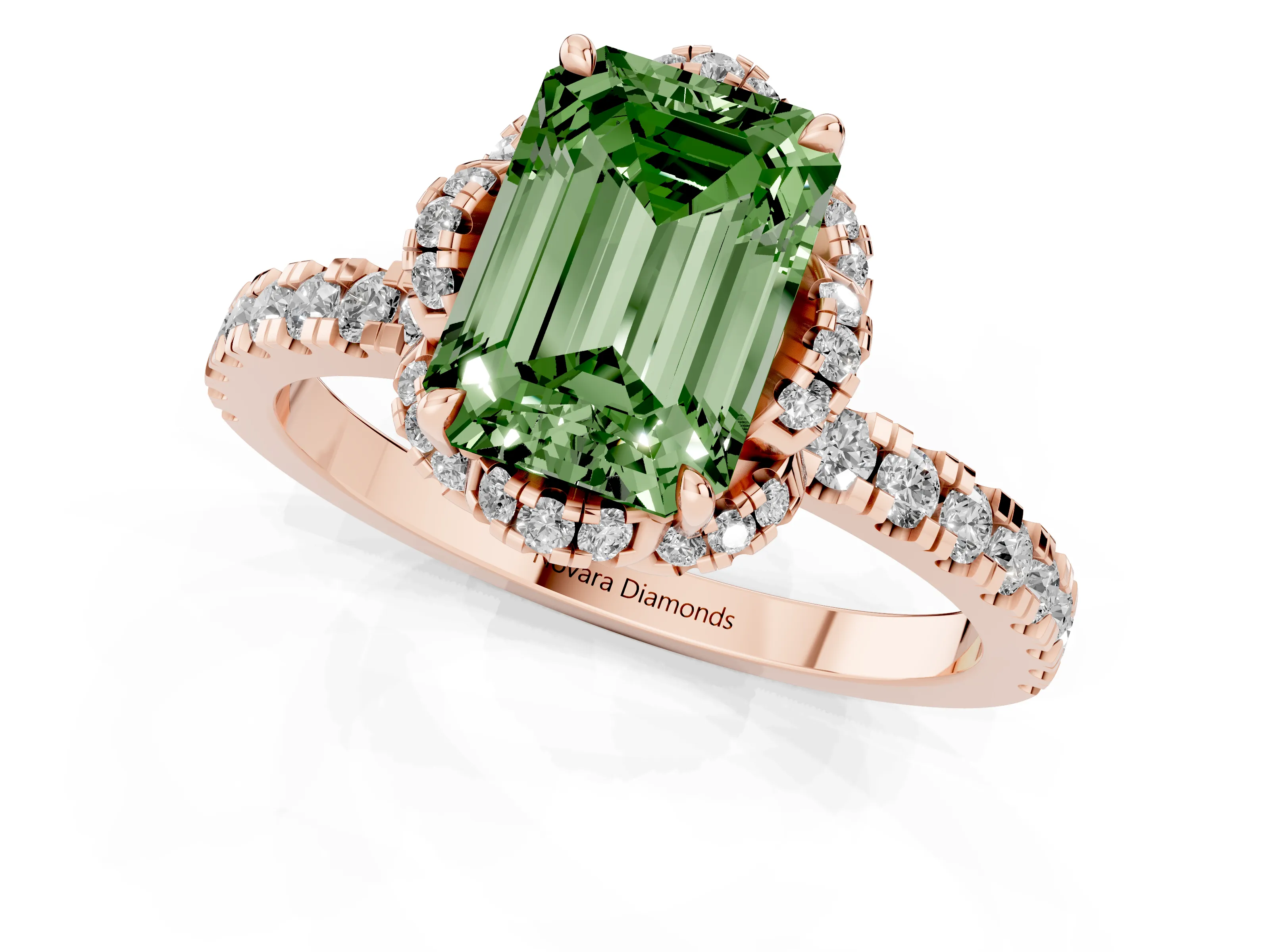 Fancy Green Emerald Cut Diamond Halo Pavé Band Ring Set in Rose gold with Prong-Held Center