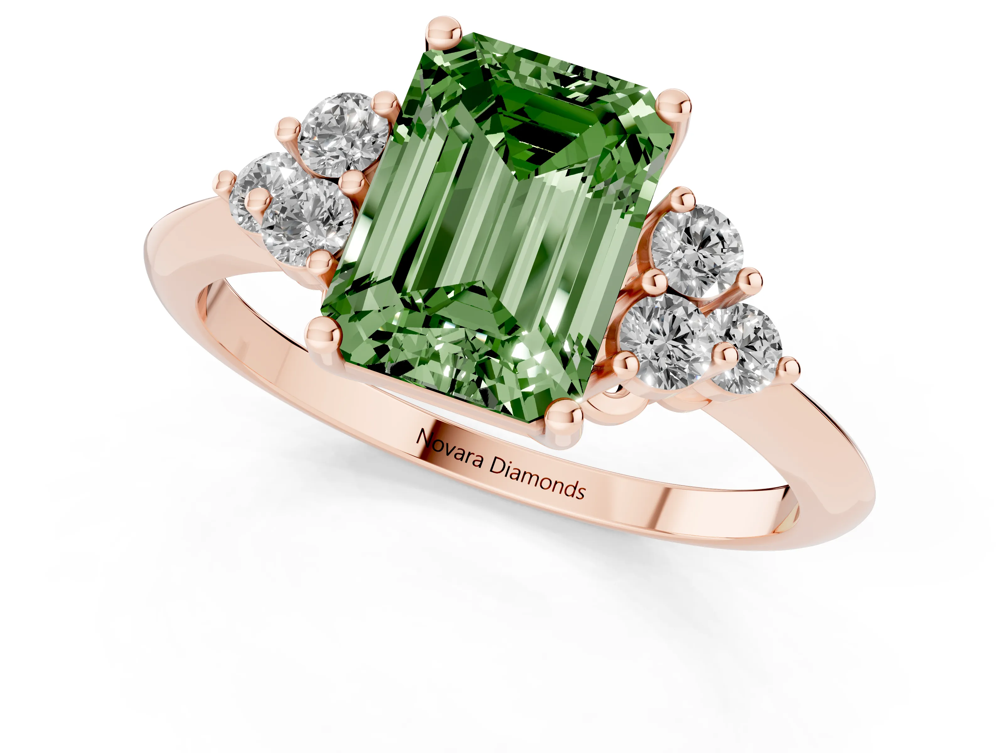 Fancy Green Emerald Cut Diamond Cluster Ring Set in Rose gold with Plain Band and Prong Setting