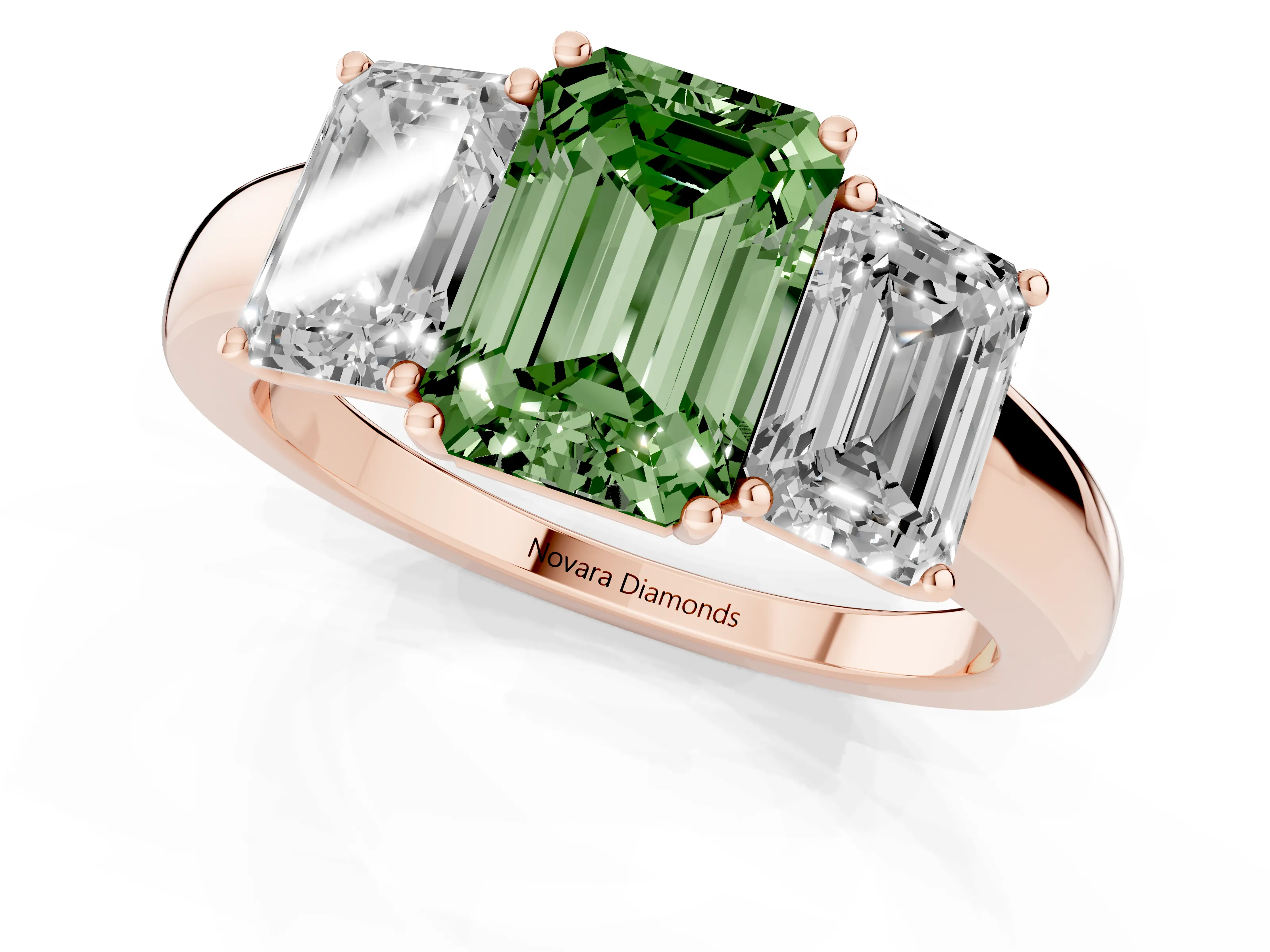 Fancy Green Emerald Cut Diamond Three-Stone Ring Set in Rose gold with Bold Center and Classic Band