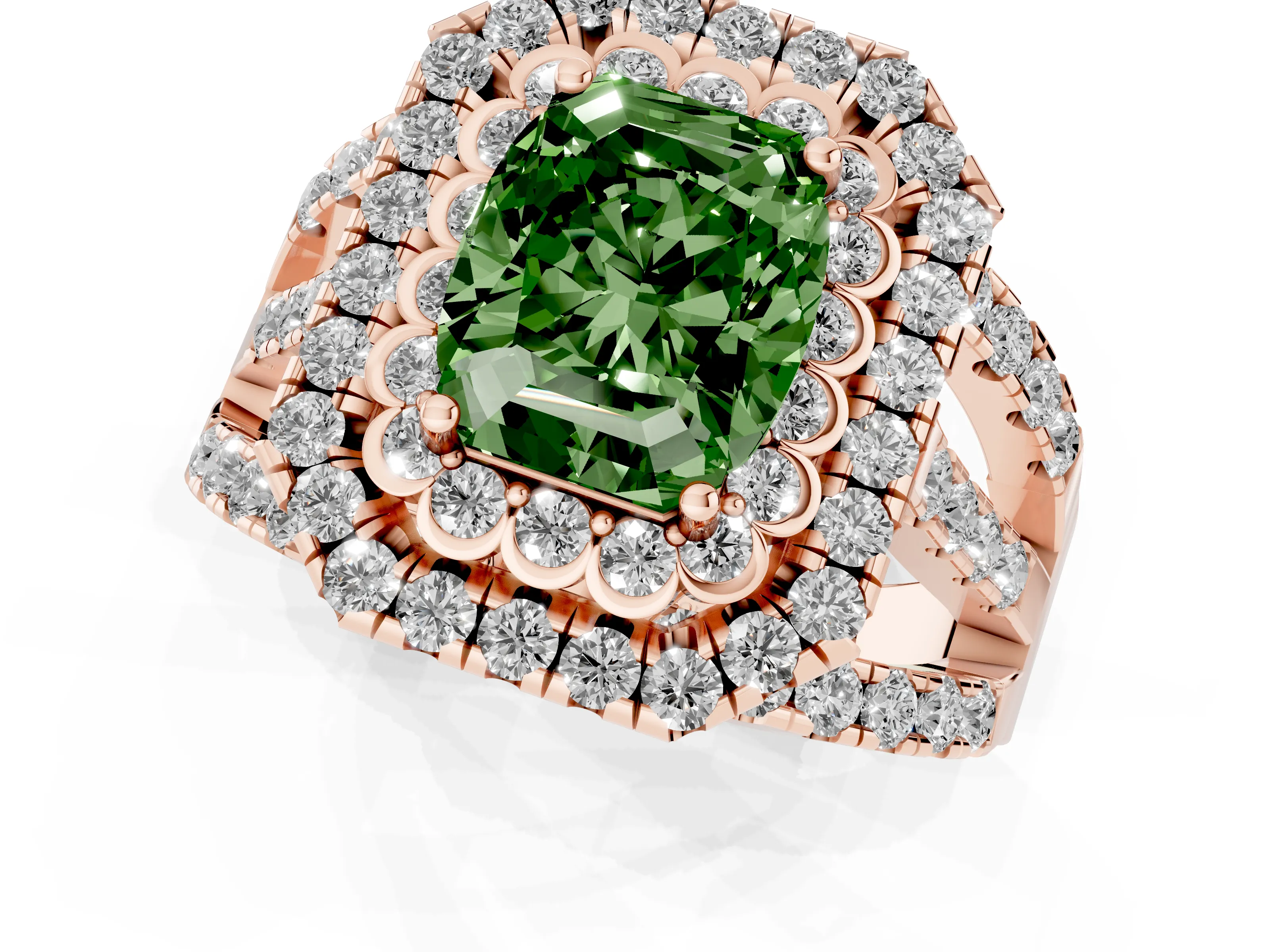 Fancy Green Emerald Cut Diamond Double Halo Ring Set in Rose gold with Round Pavé Split Shank