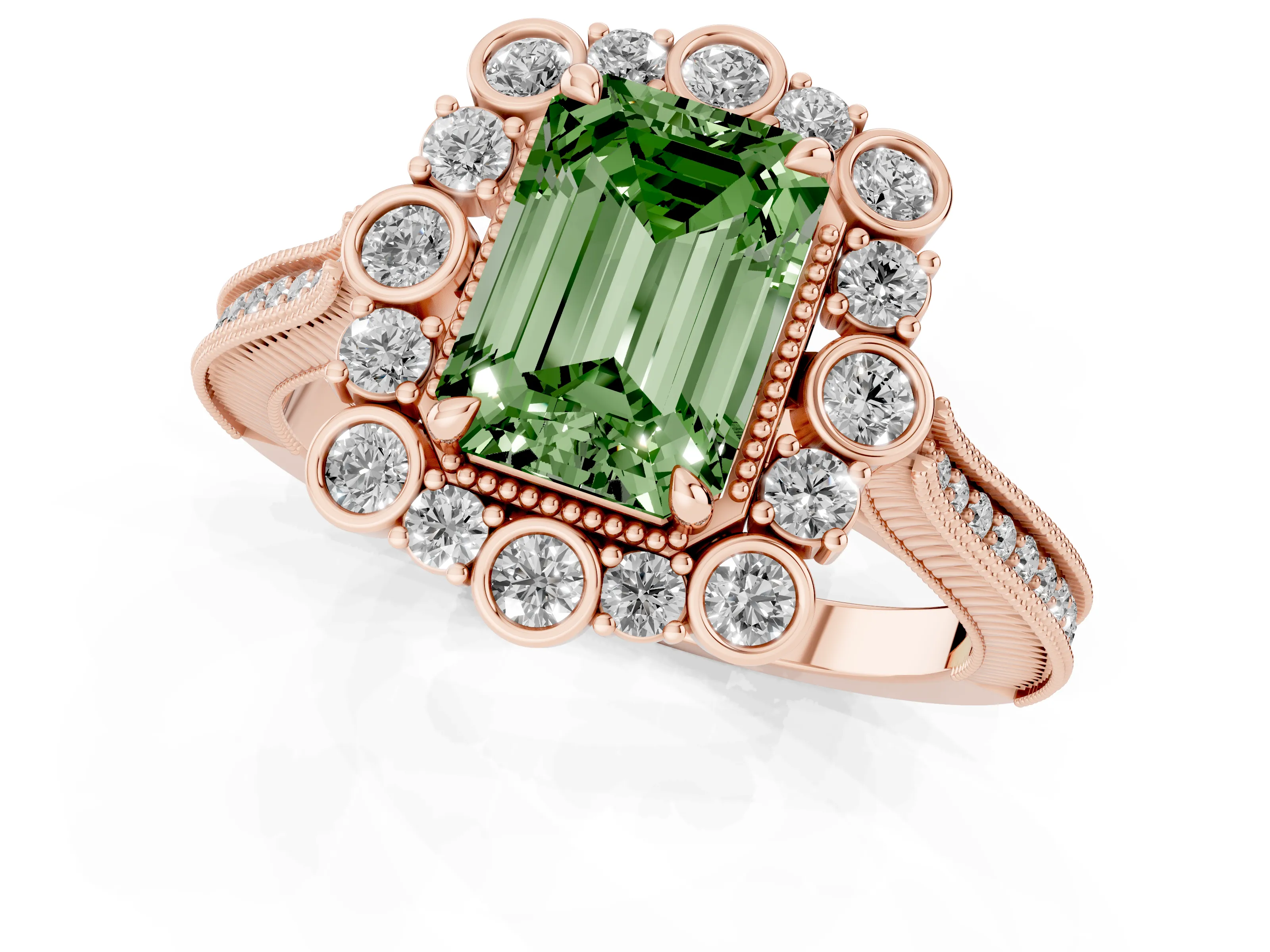 Fancy Green Emerald Cut Diamond Halo Milgrain Pavé Ring Set in Rose gold with Prong Setting