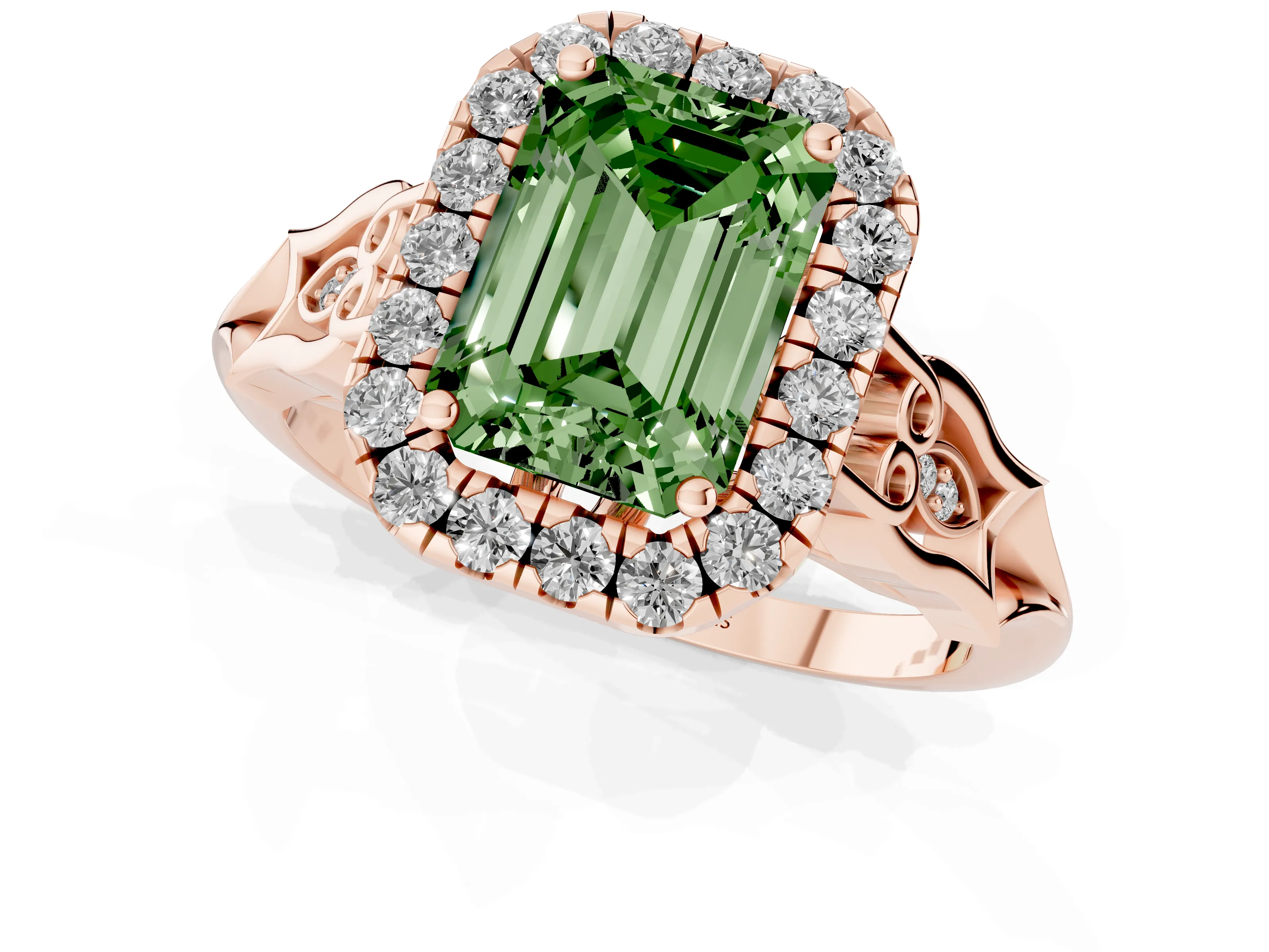 Fancy Green Emerald Cut Diamond Halo Engagement Ring Set in Rose gold with Filigree Band and Prong-Set Center