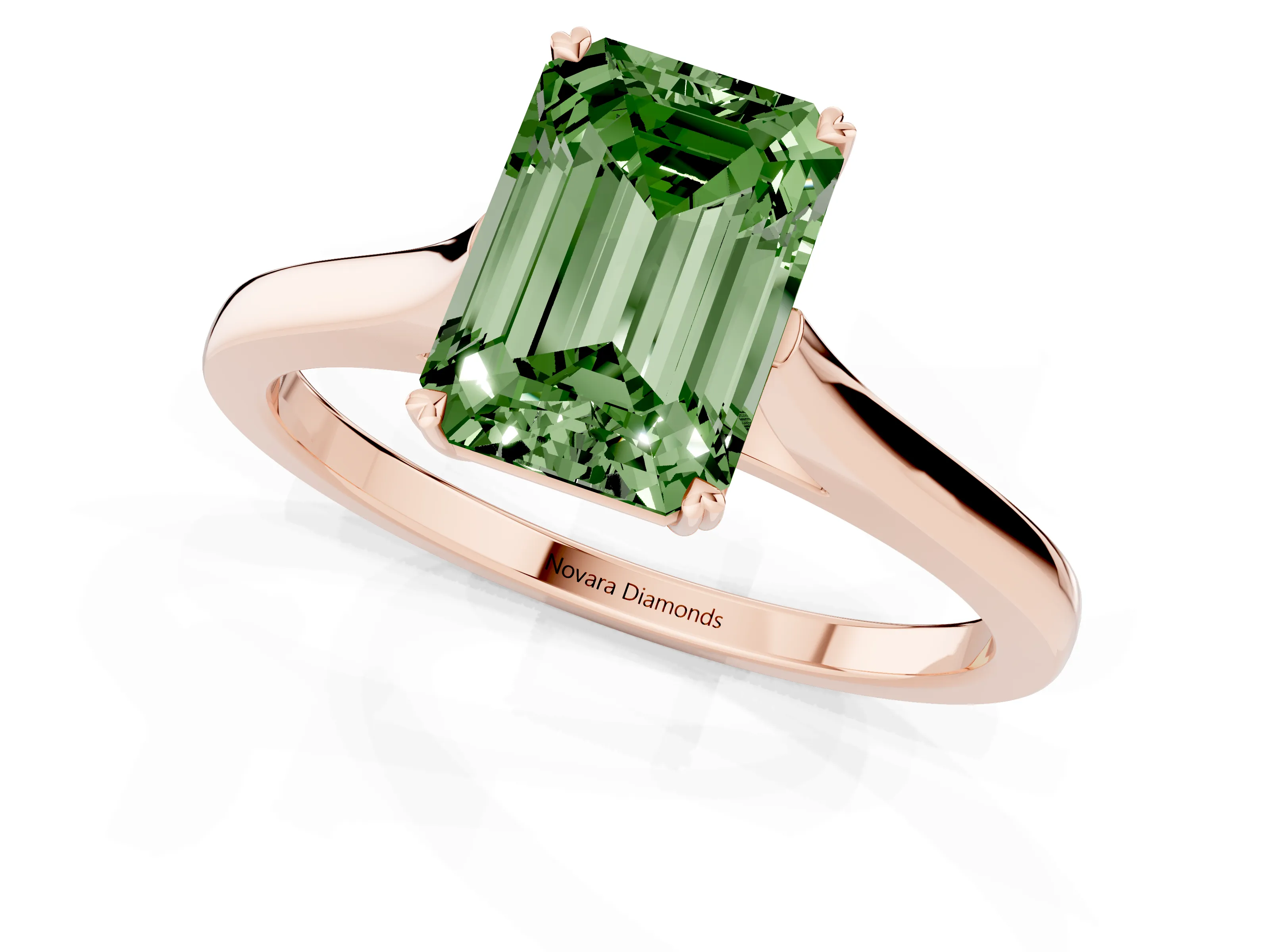 Fancy Green Emerald Cut Diamond Solitaire Heart Prong Engagement Ring Set in Rose gold with Tapered Band