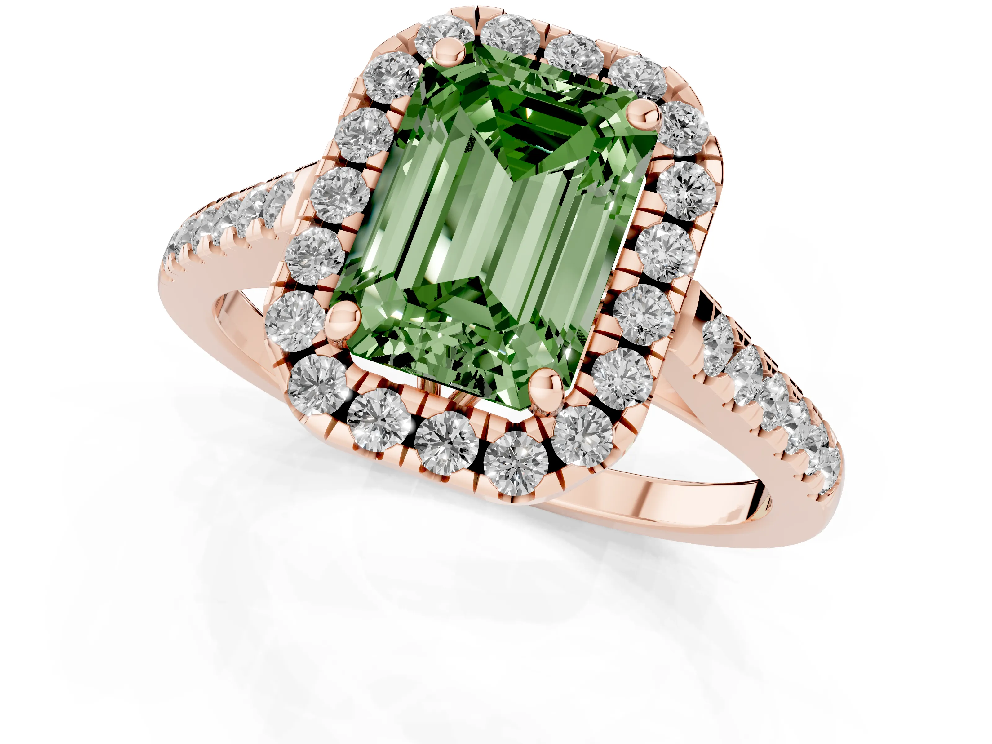 Fancy Green Emerald Cut Diamond Pavé Halo Engagement Ring Set in Rose gold with Pavé Band and Prong Setting