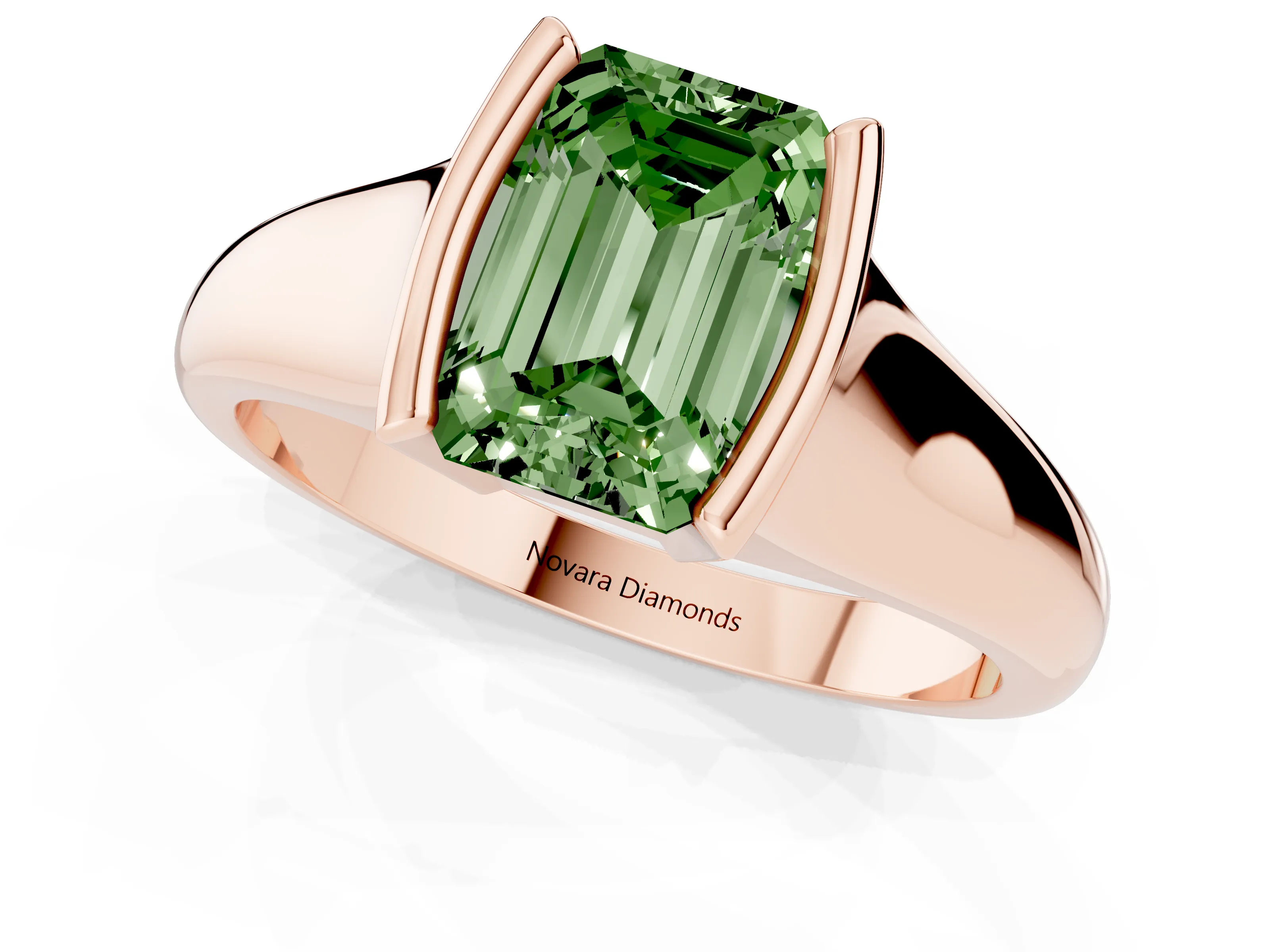 Fancy Green Emerald Cut Diamond Solitaire Tension Set Ring Set in Rose gold with Split Shank Band