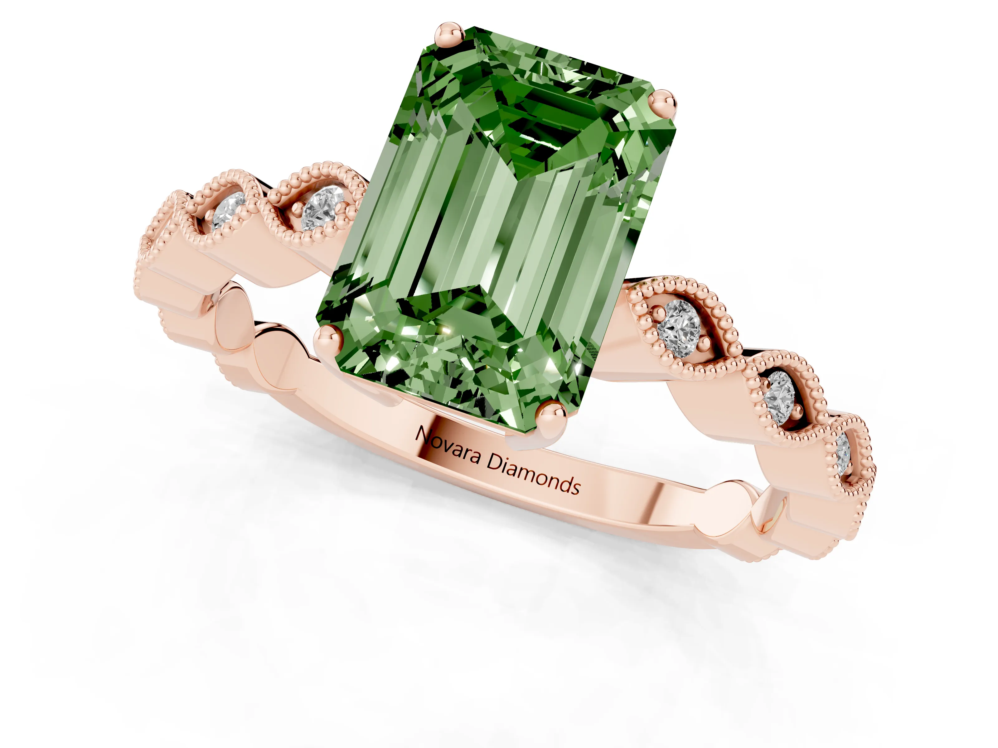 Fancy Green Emerald Cut Diamond Solitaire Ring Set in Rose gold with Infinity Twist Pavé Band