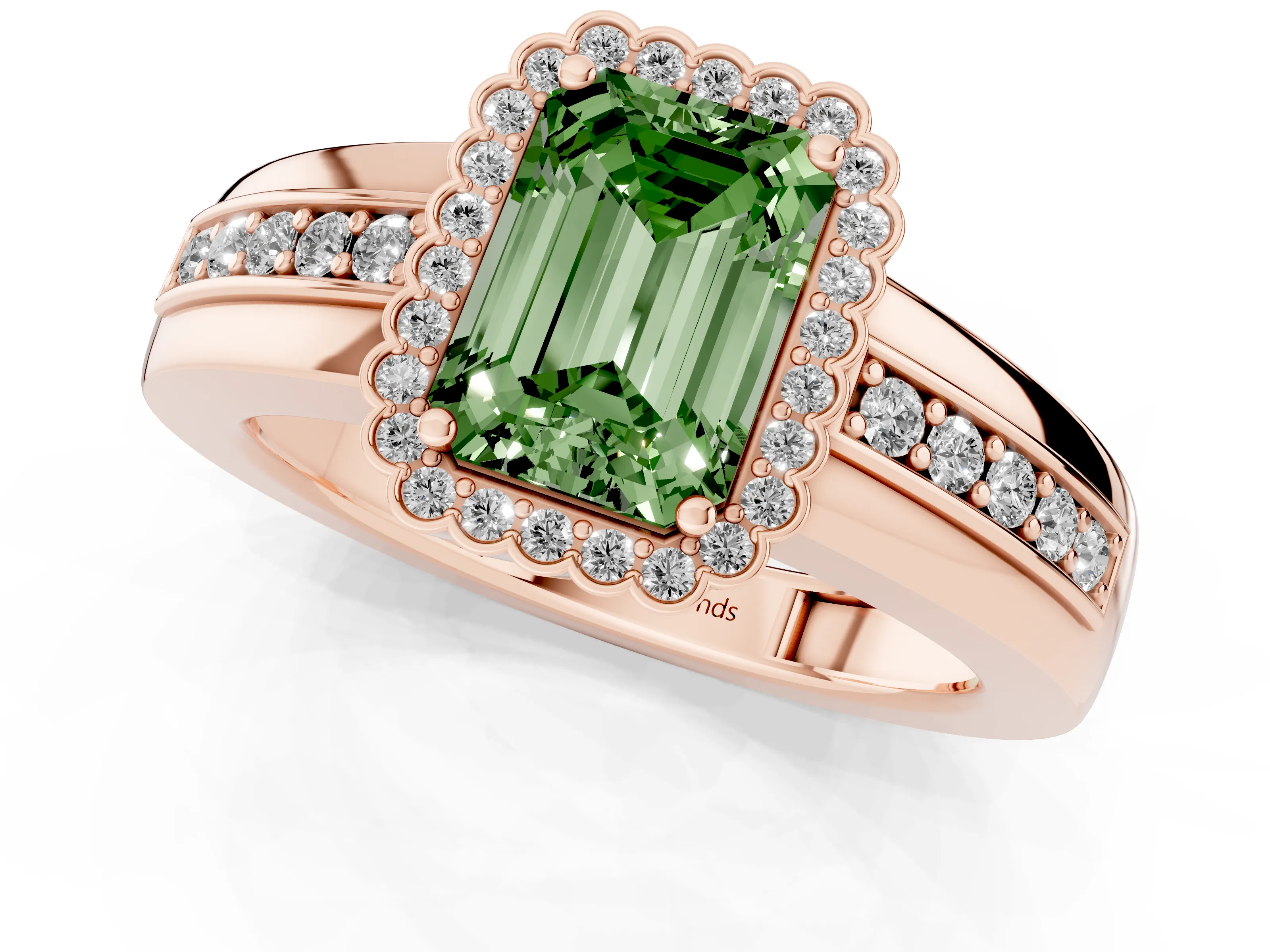 Fancy Green Emerald Cut Diamond Halo Prong Ring Set in Rose gold with Pavé Band