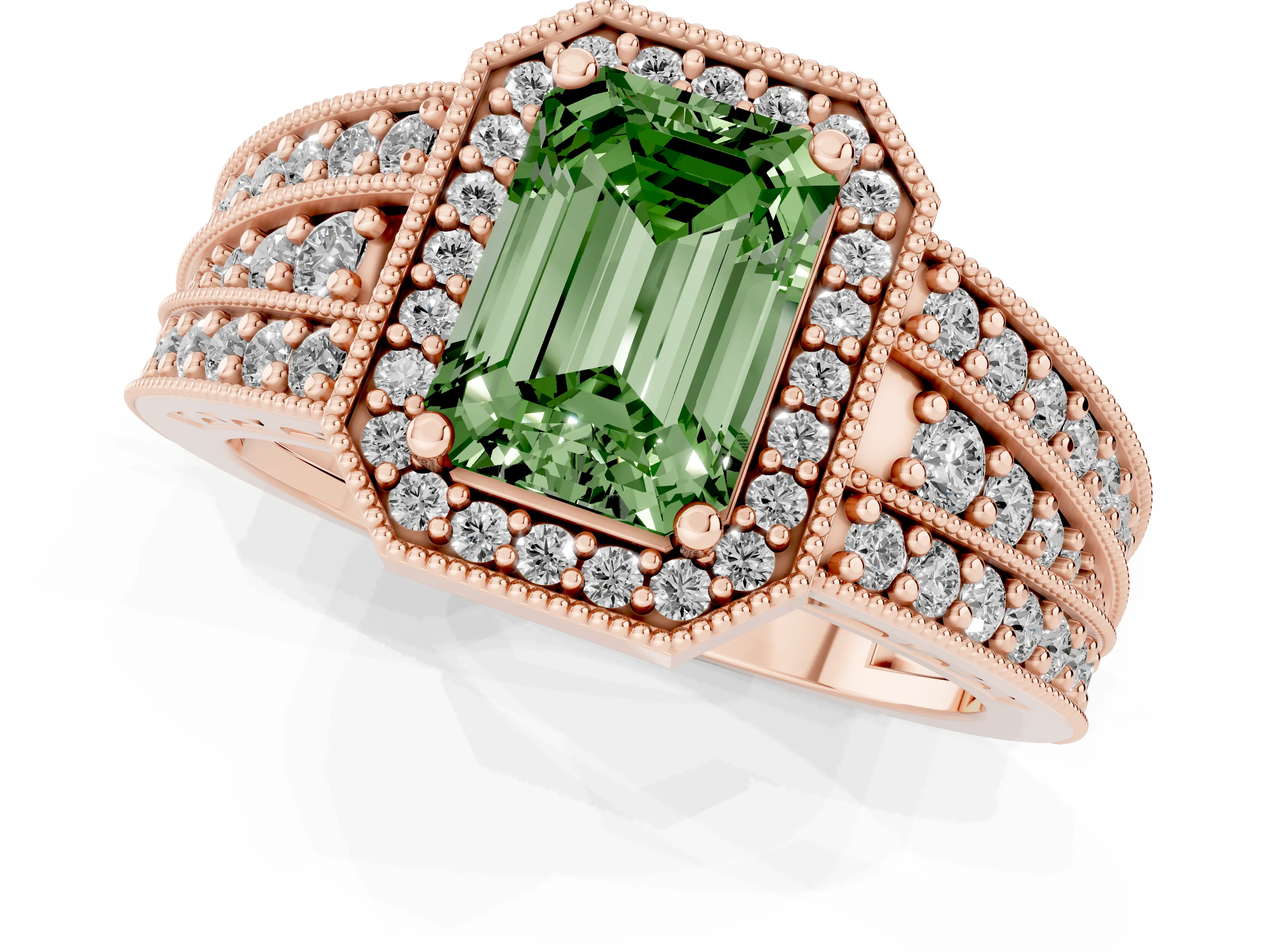 Fancy Green Emerald Cut Diamond Halo Ring Set in Rose gold with Accent Split Shank and Prong Setting