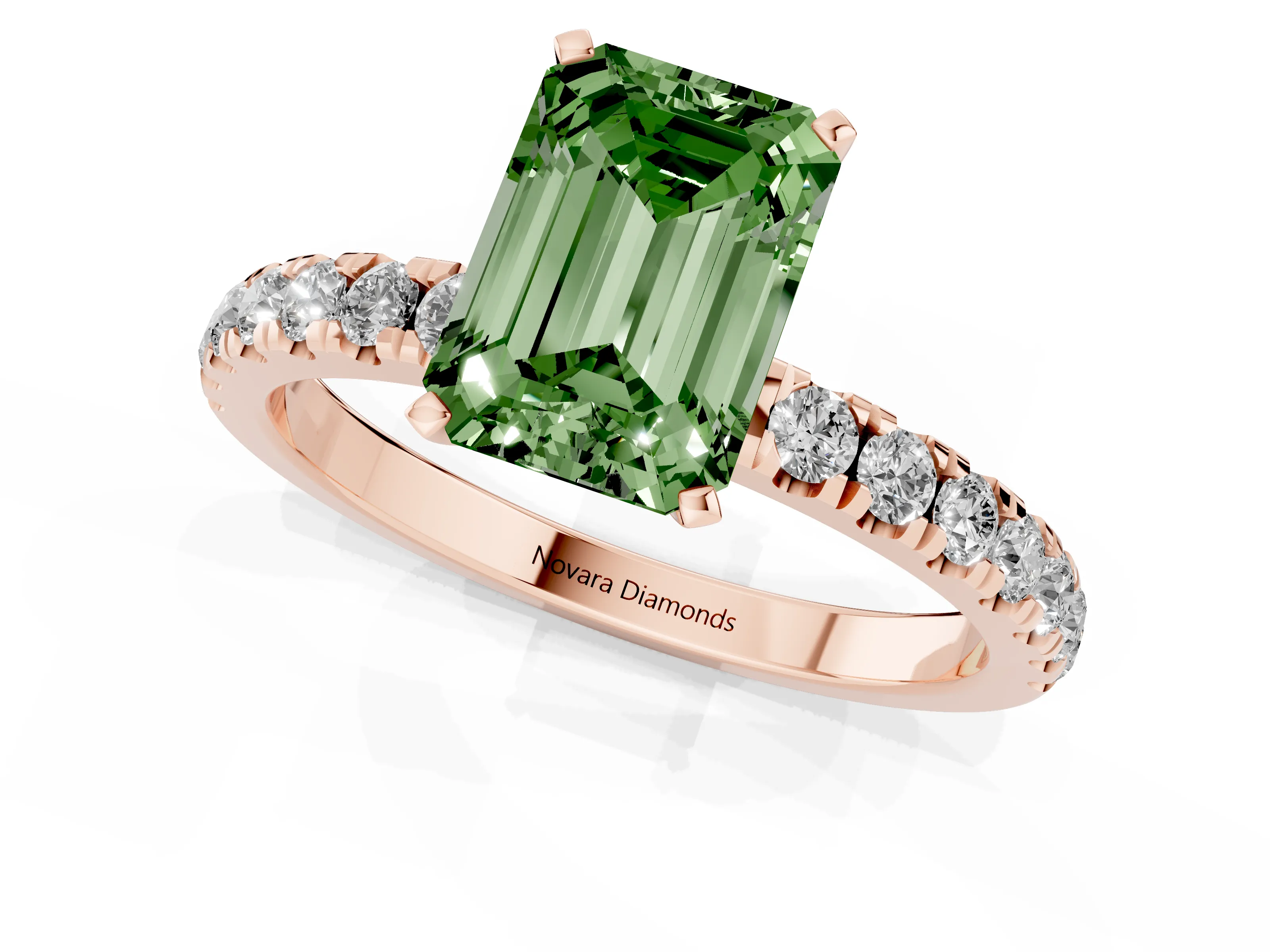 Fancy Green Emerald Cut Diamond Solitaire Ring Set in Rose gold with Pavé Accents and Prong Setting