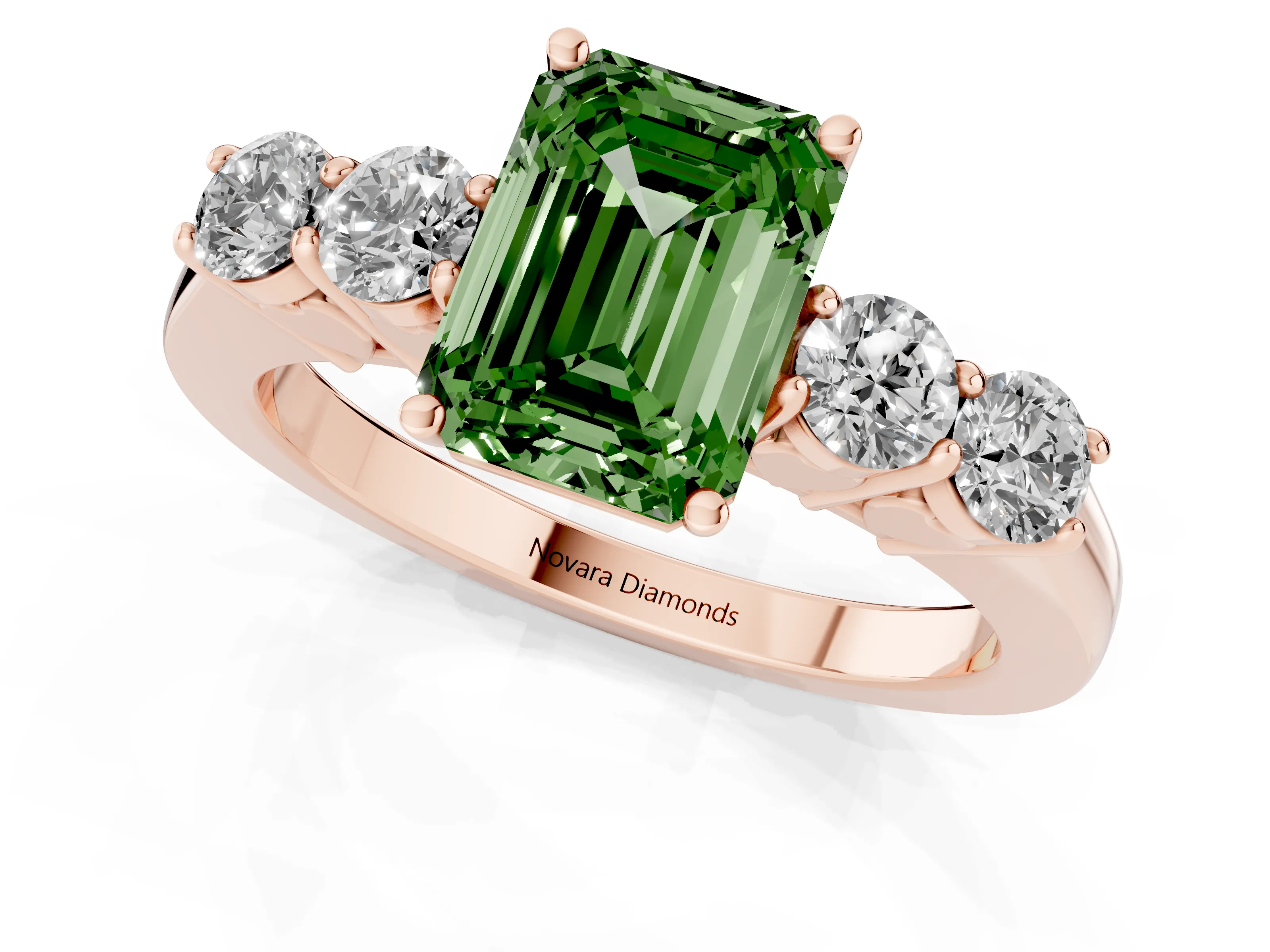 Fancy Green Emerald Cut Diamond Five-Stone Prong Set Band Ring Set in Rose gold with Polished Band