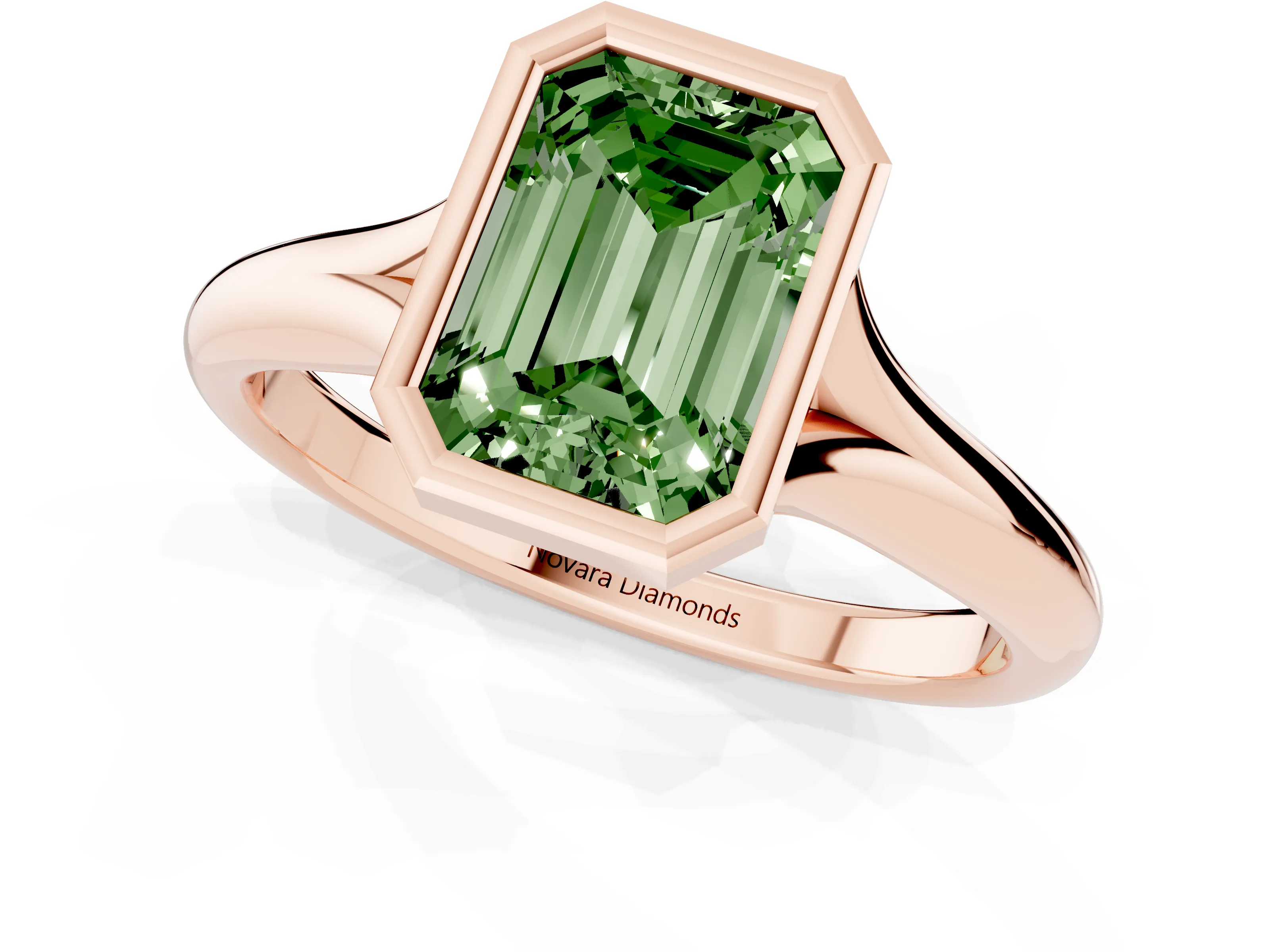 Fancy Green Bezel Set Emerald Cut Diamond Solitaire Ring Set in Rose gold with Smooth Band
