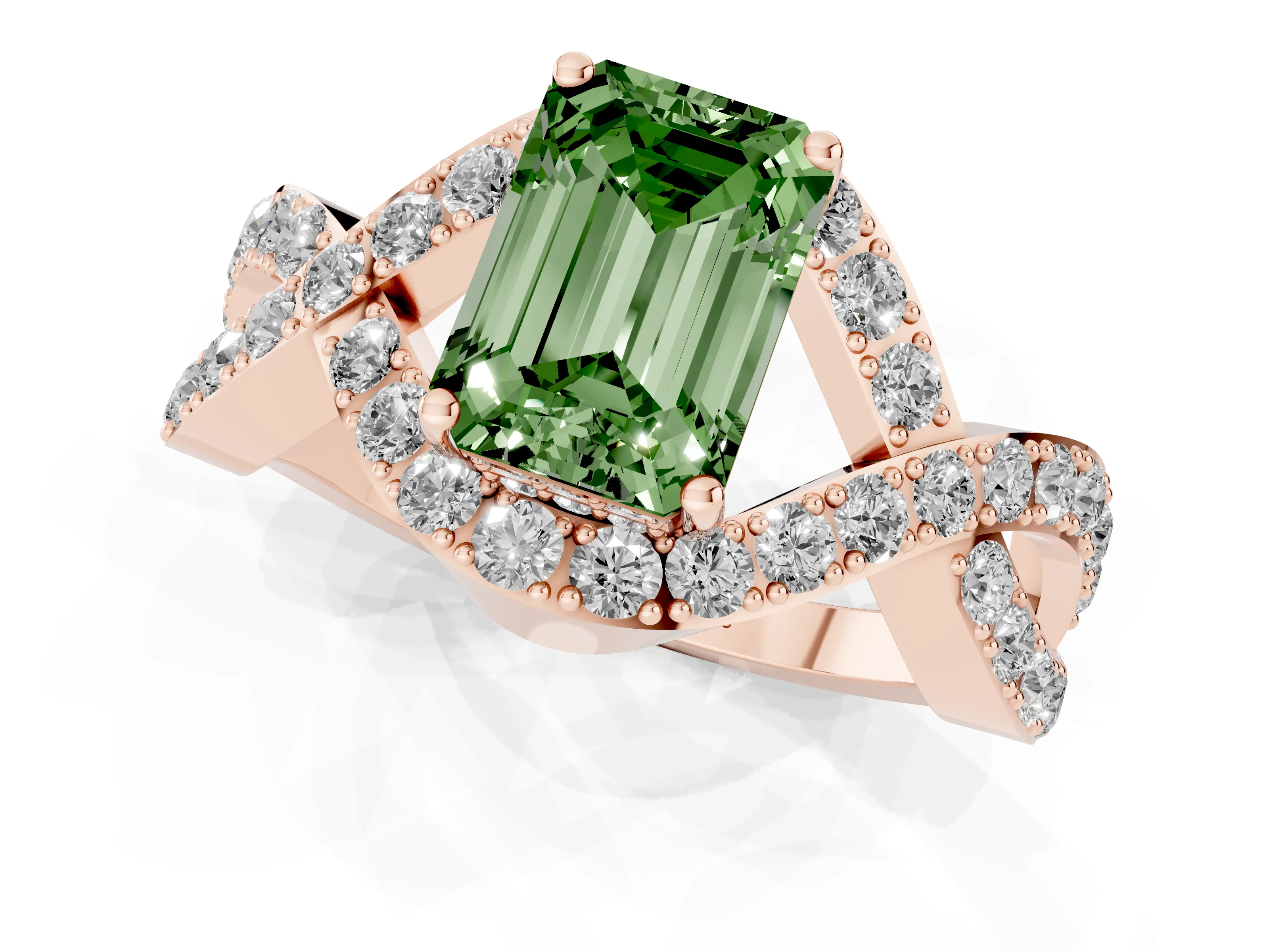 Fancy Green Emerald Cut Diamond Solitaire Twist Band Pavé Engagement Ring Set in Rose gold