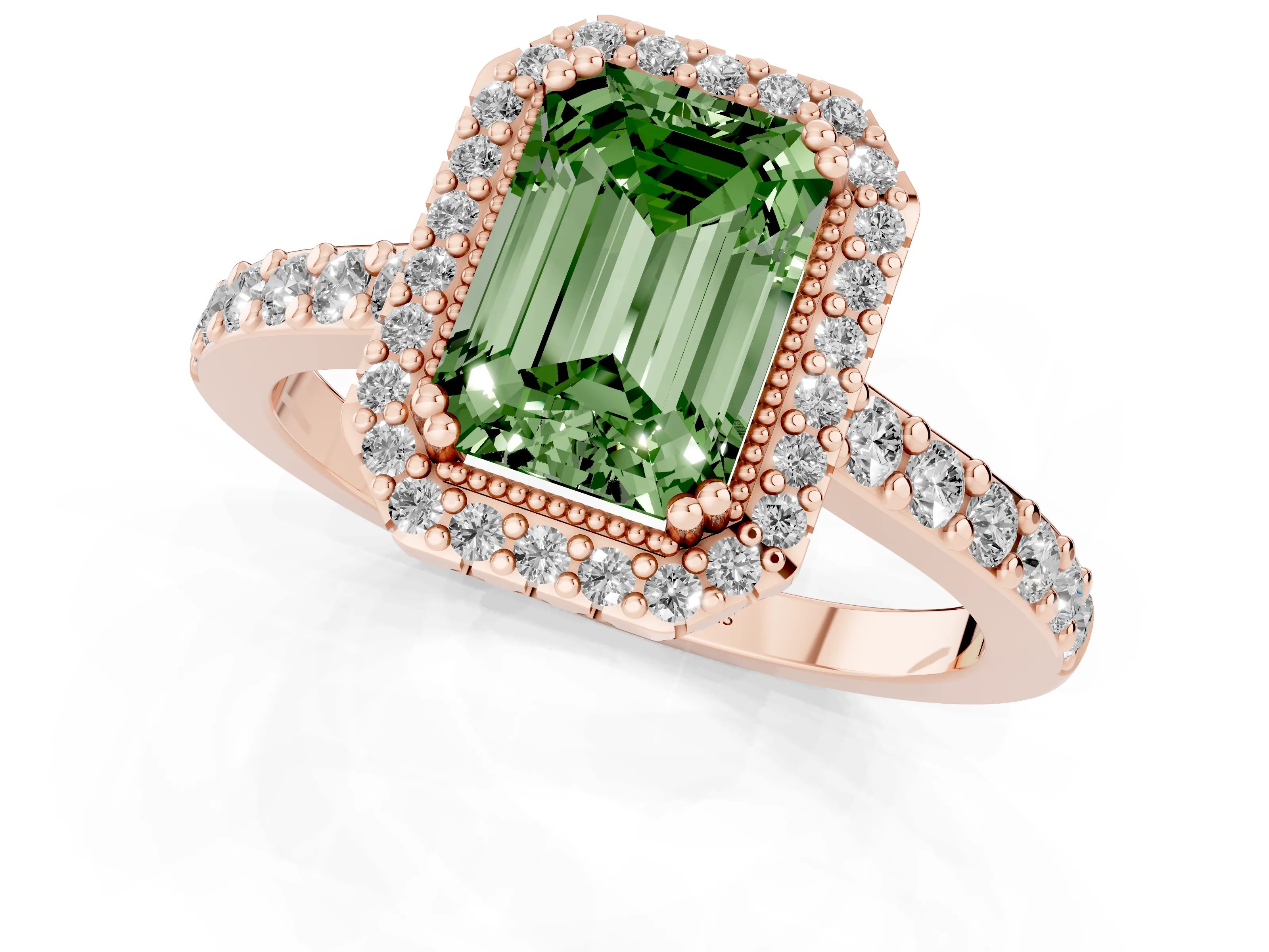 Fancy Green Emerald Cut Diamond Halo Engagement Ring Set in Rose gold with Milgrain Detail and Pavé Band
