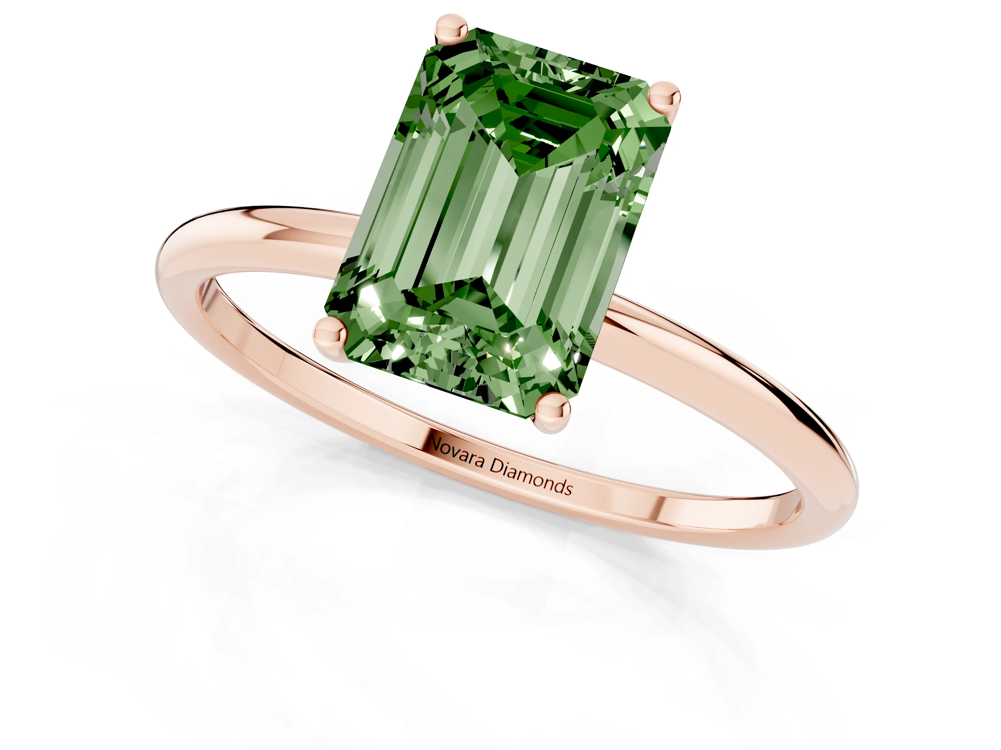Fancy Green Emerald Cut Diamond Solitaire Engagement Ring Set in Rose gold with Thin Band and Prong Setting