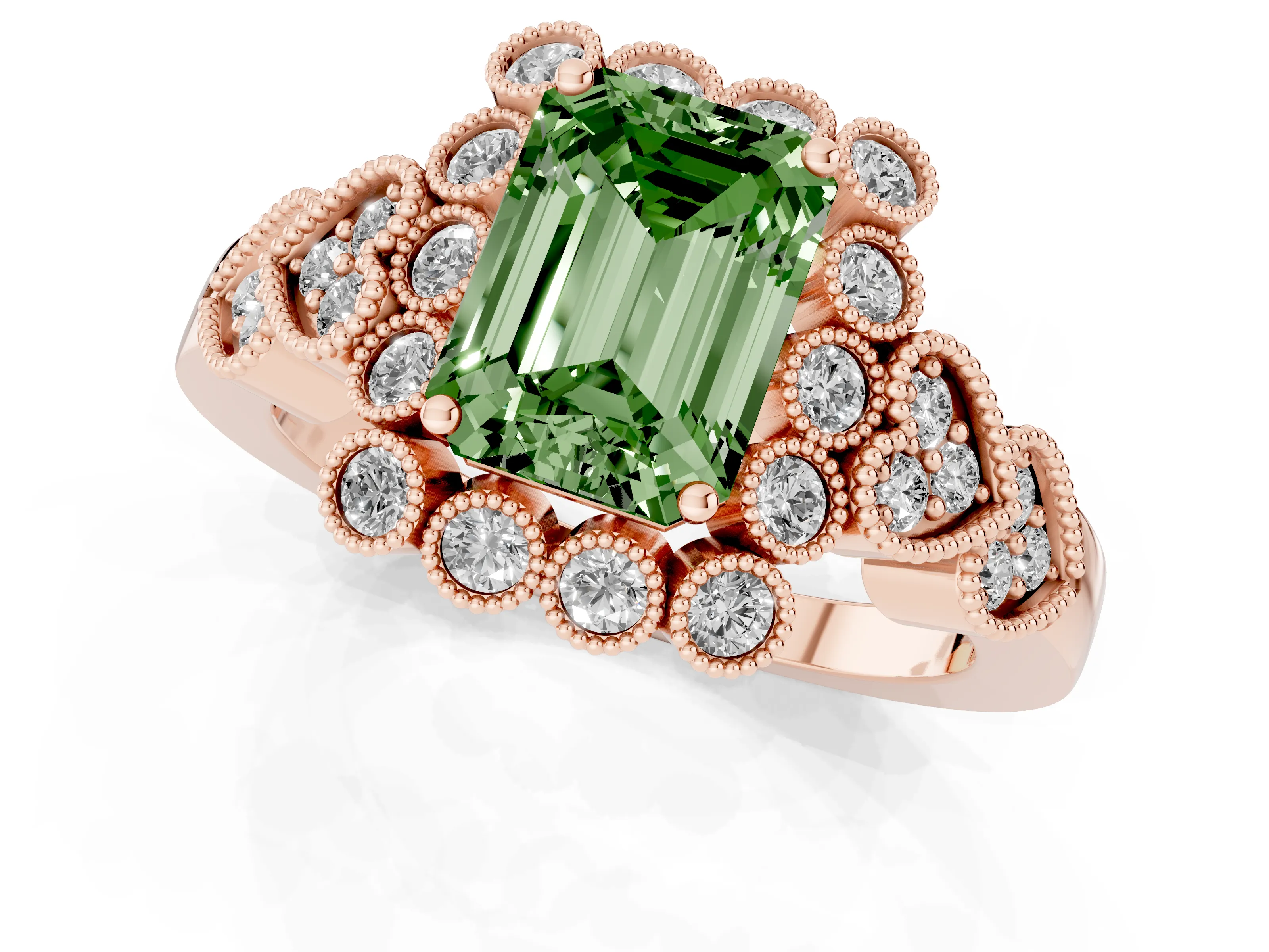 Fancy Green Emerald Cut Diamond Solitaire Ring Set in Rose gold with Milgrain Pavé Heart Band