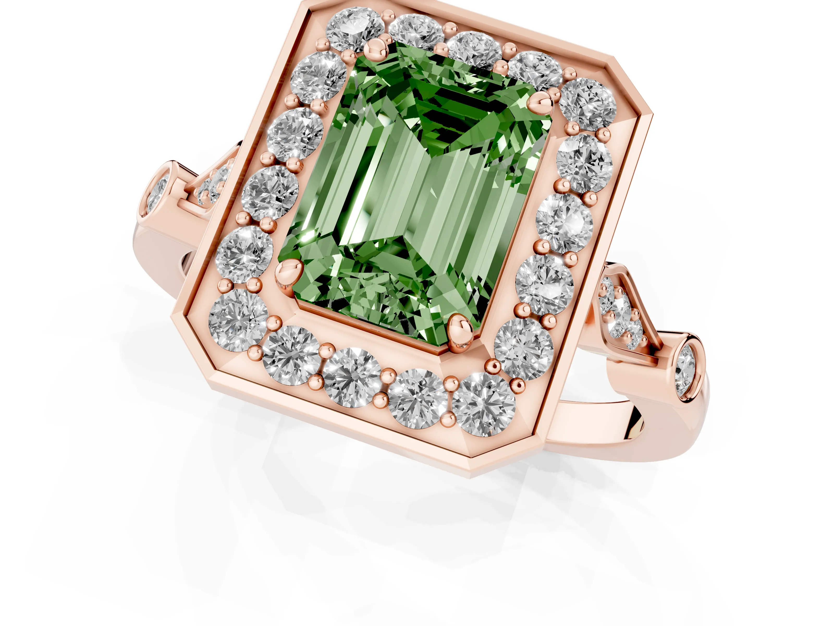 Fancy Green Emerald Cut Diamond Halo Engagement Ring Set in Rose gold with Twisted Band and Prong Setting