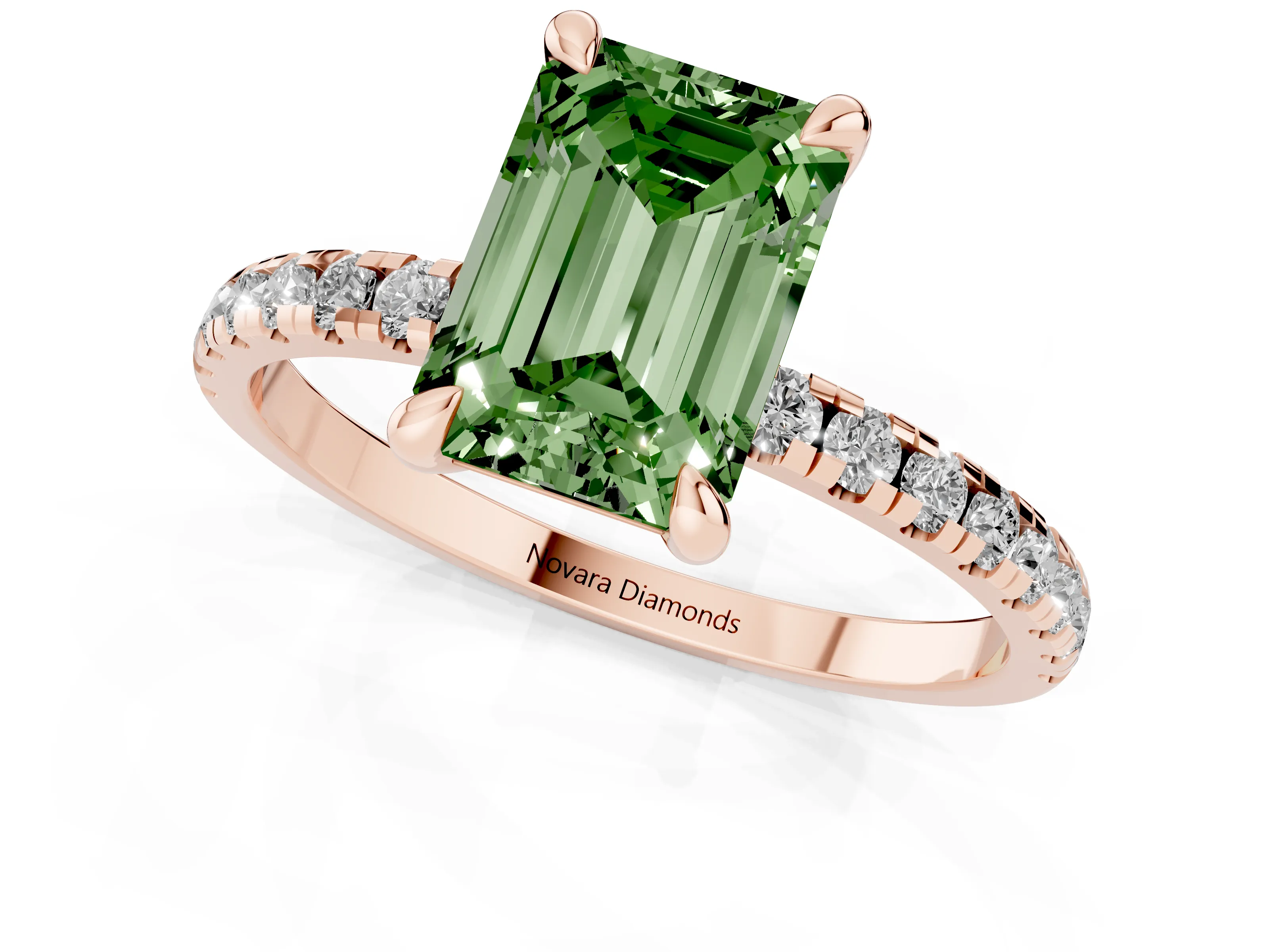 Fancy Green Emerald Cut Diamond Brilliant Solitaire Ring Set in Rose gold with Pavé Band and Prong Setting