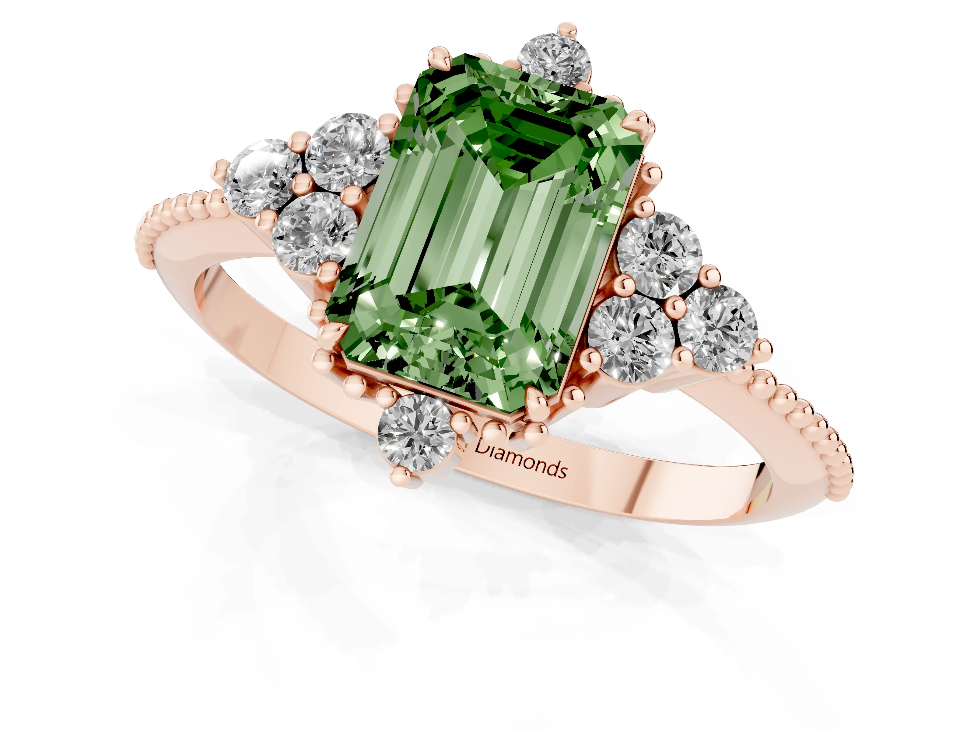 Fancy Green Emerald Cut Diamond Cluster Ring Set in Rose gold with Beaded Band