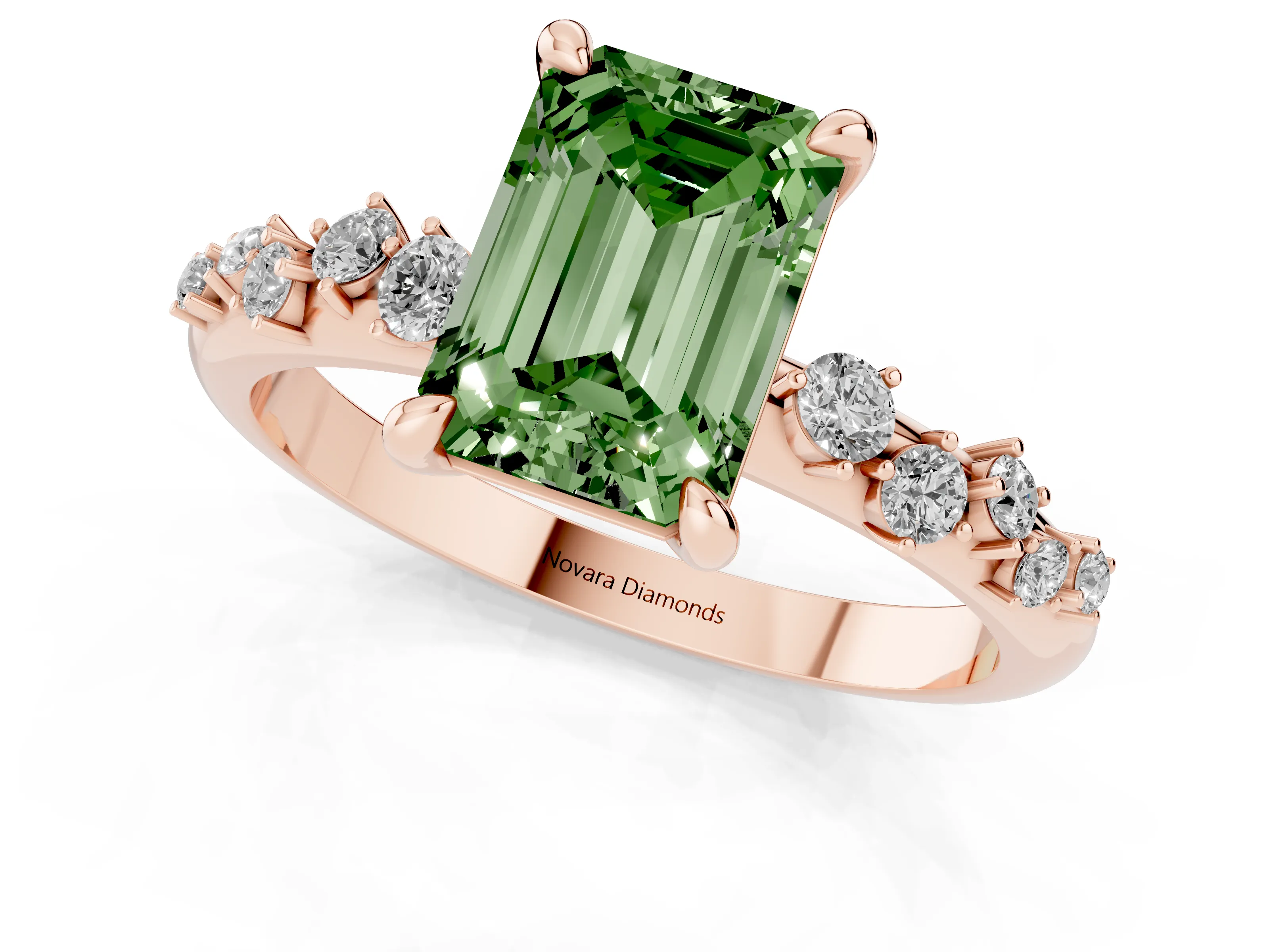 Fancy Green Emerald Cut Diamond Solitaire Vine Band Ring Set in Rose gold with Round Accents and Prong Setting