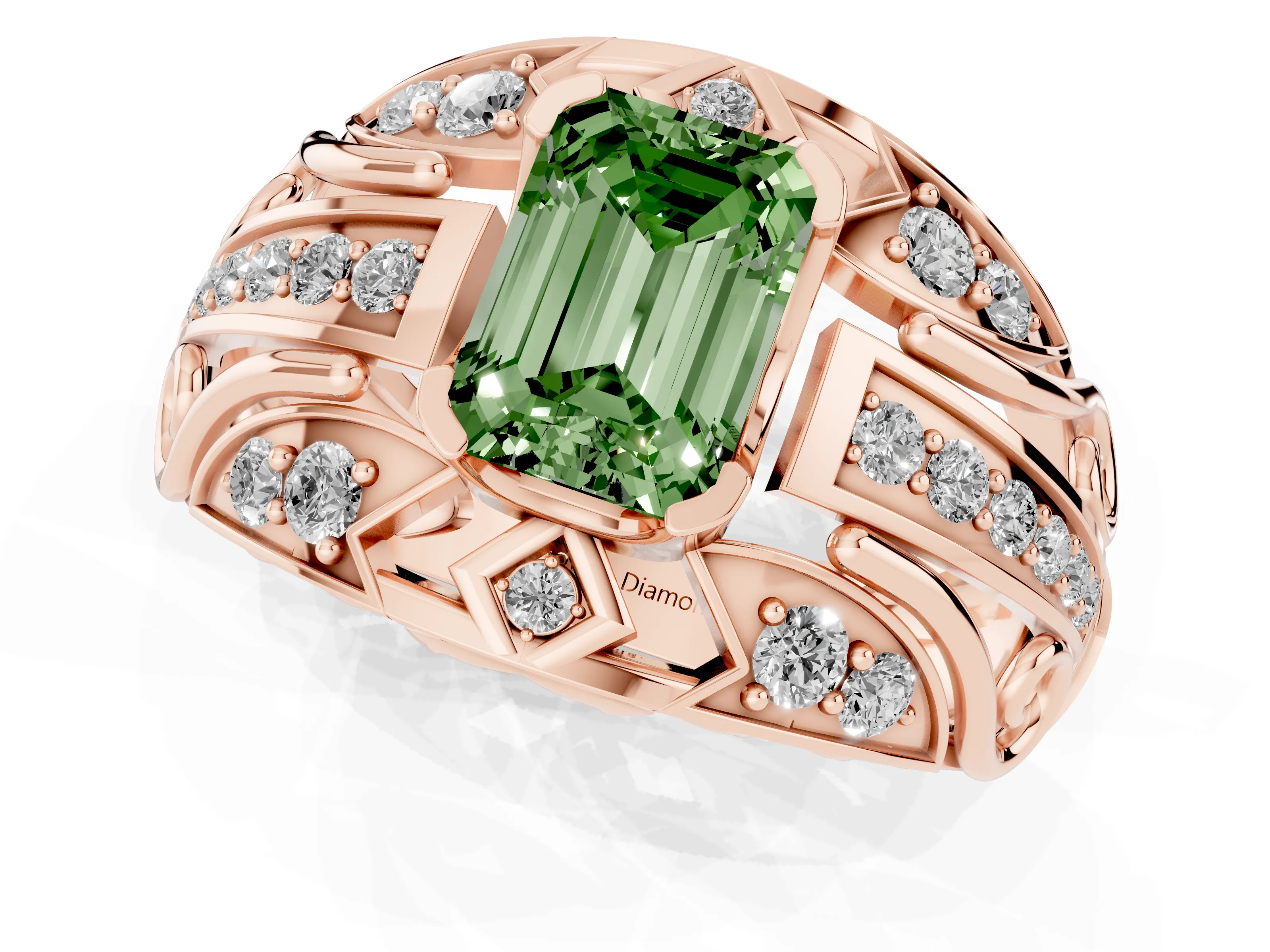 Fancy Green Emerald Cut Diamond Art Deco Ring Set in Rose gold with Pavé Split Shank